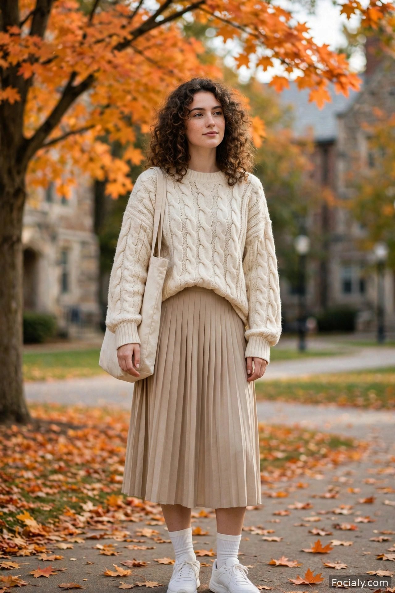 Woman wearing a cream cable-knit sweater with a pleated midi skirt and white sneakers