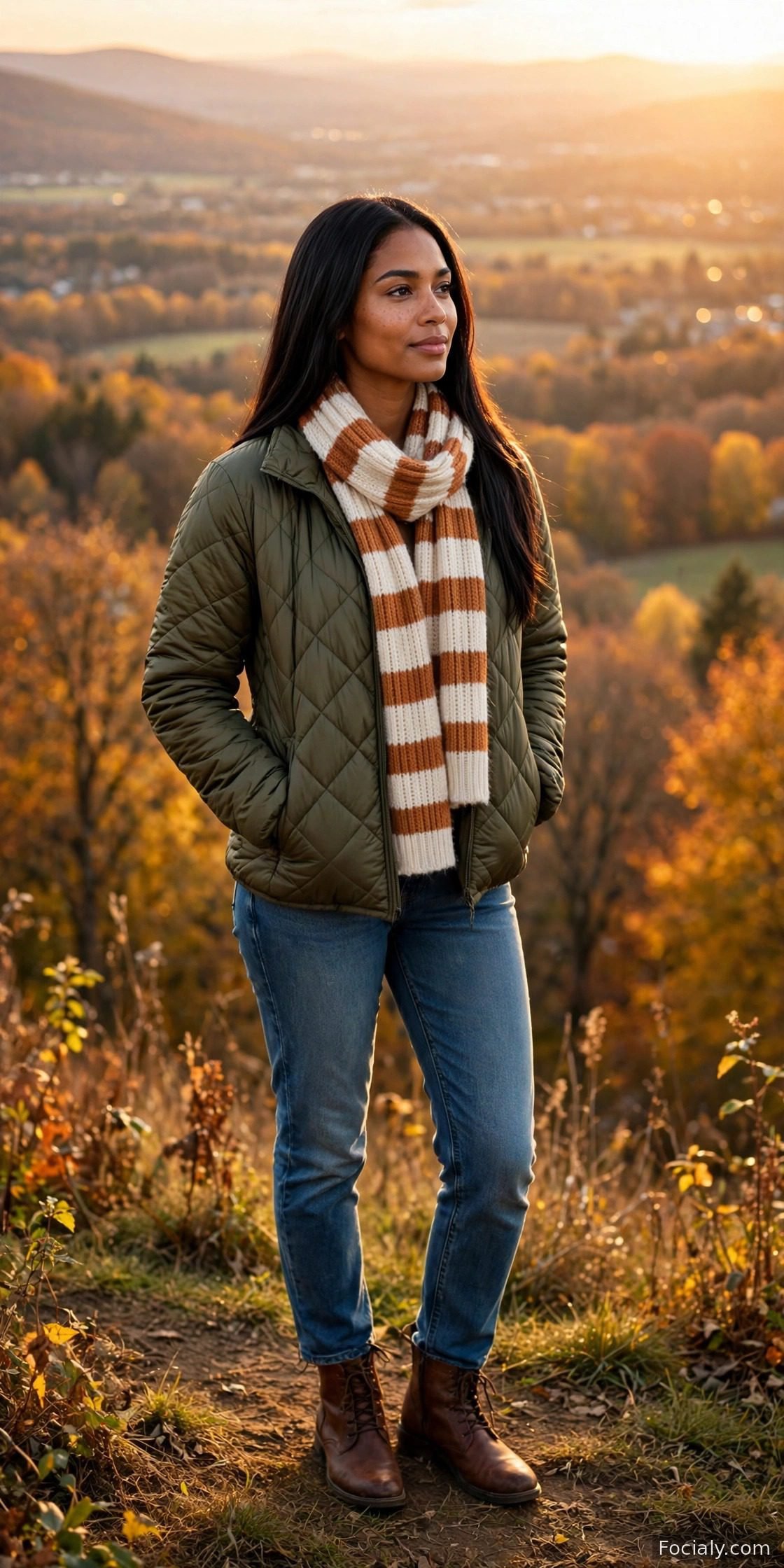 Woman in a quilted puffer jacket with a striped knit scarf, jeans and leather boots