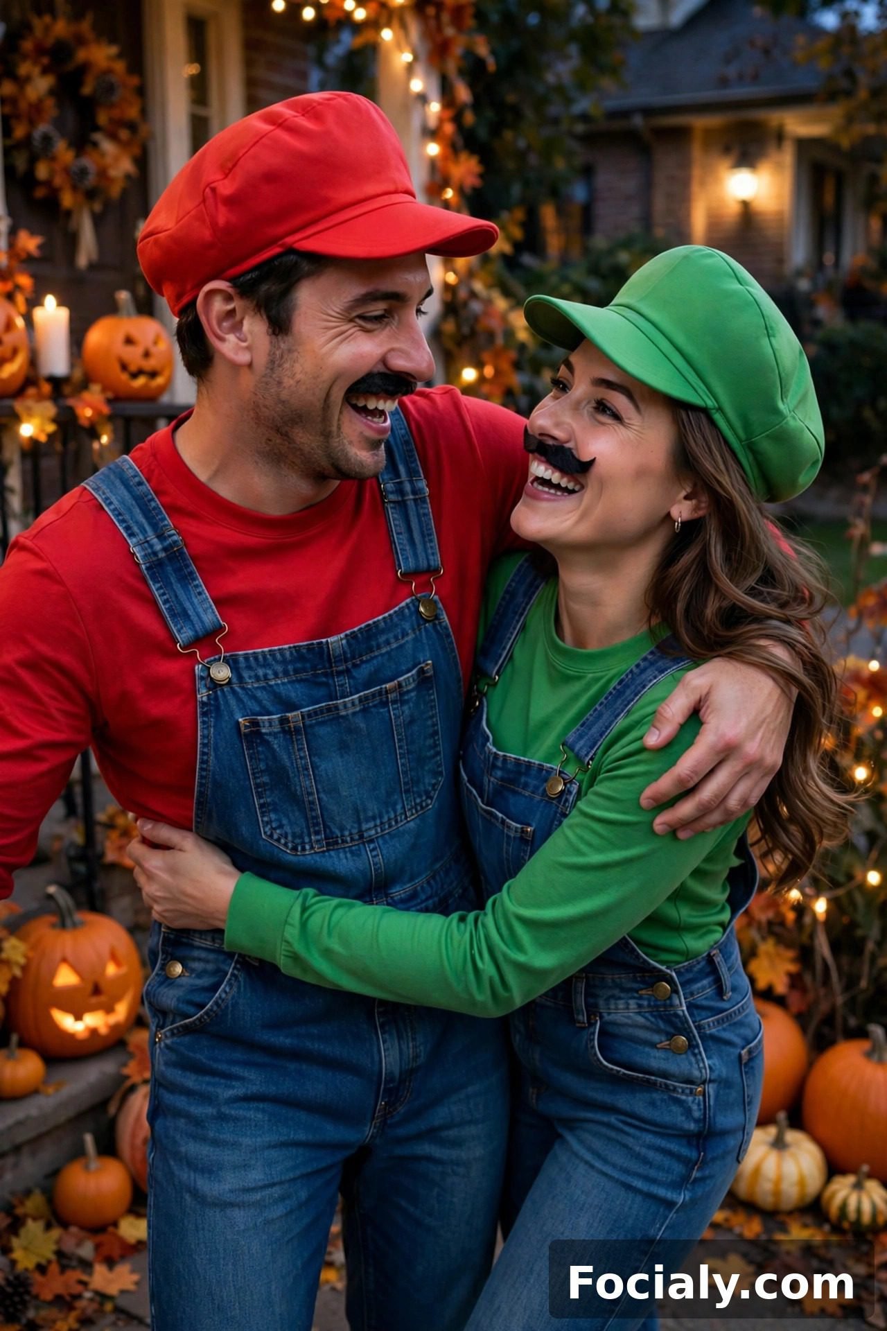 Couple dressed as Mario and Luigi easy Halloween costumes