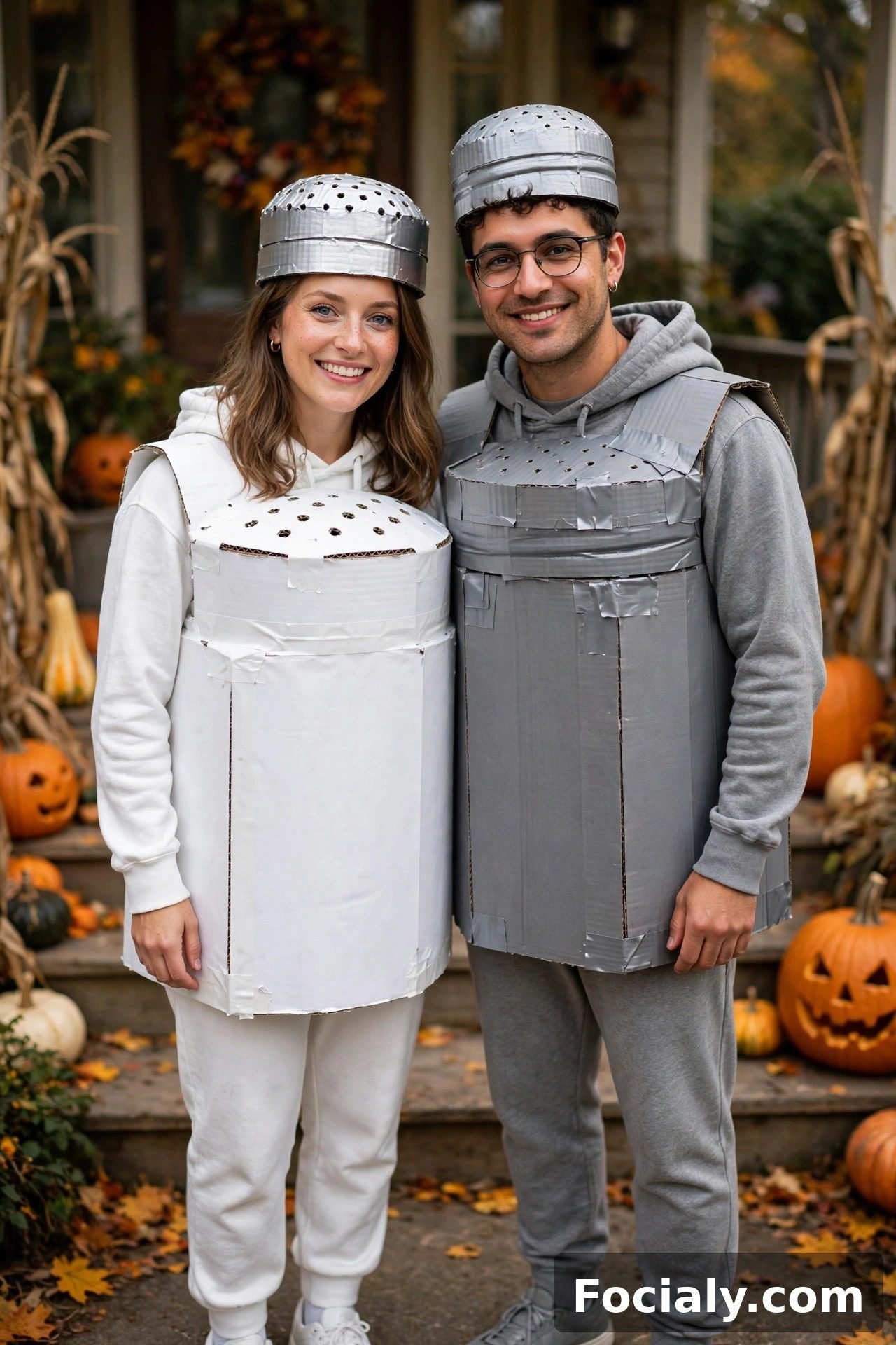 Couple dressed as salt and pepper shakers Halloween costumes
