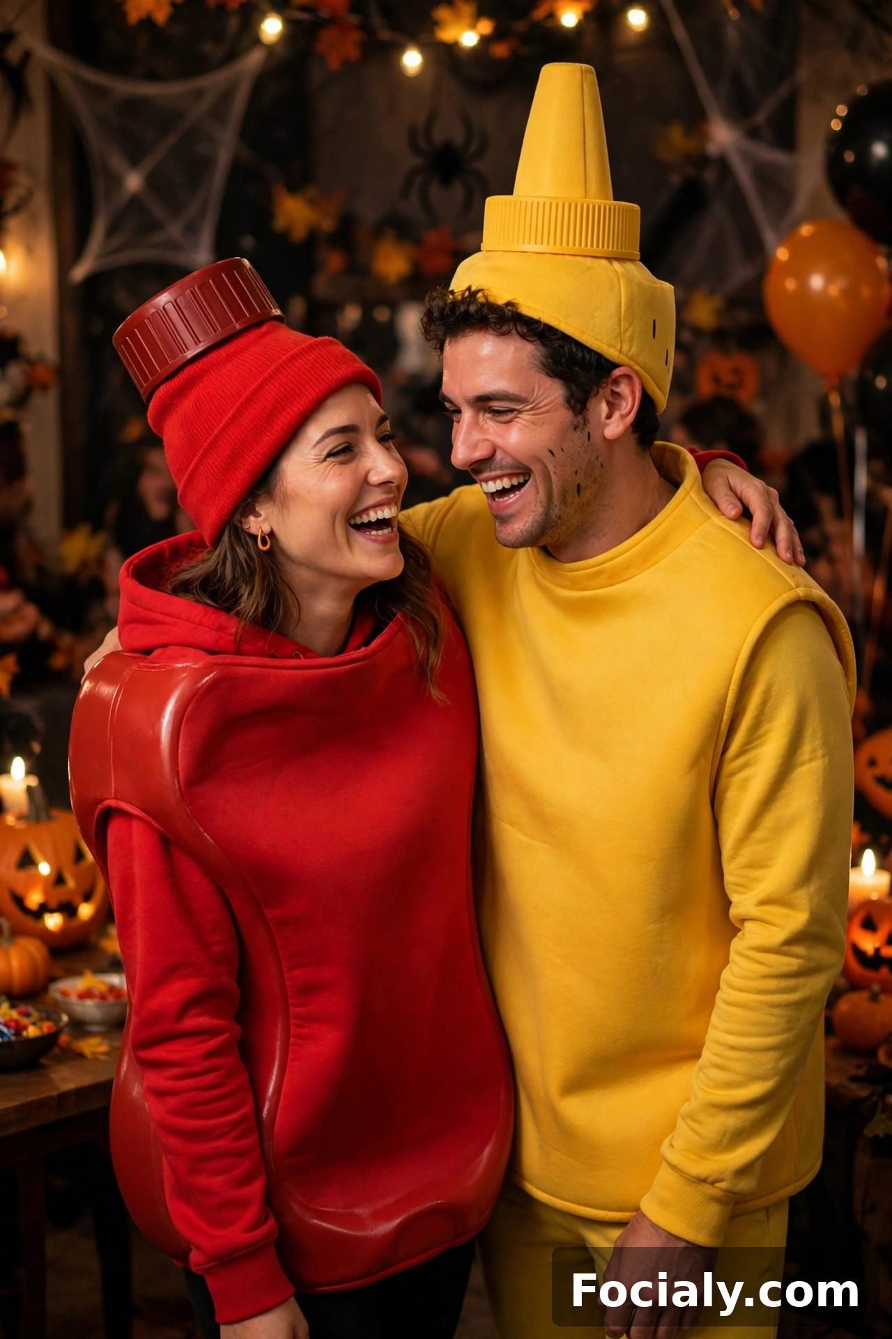 Couple dressed as ketchup and mustard bottles Halloween costumes