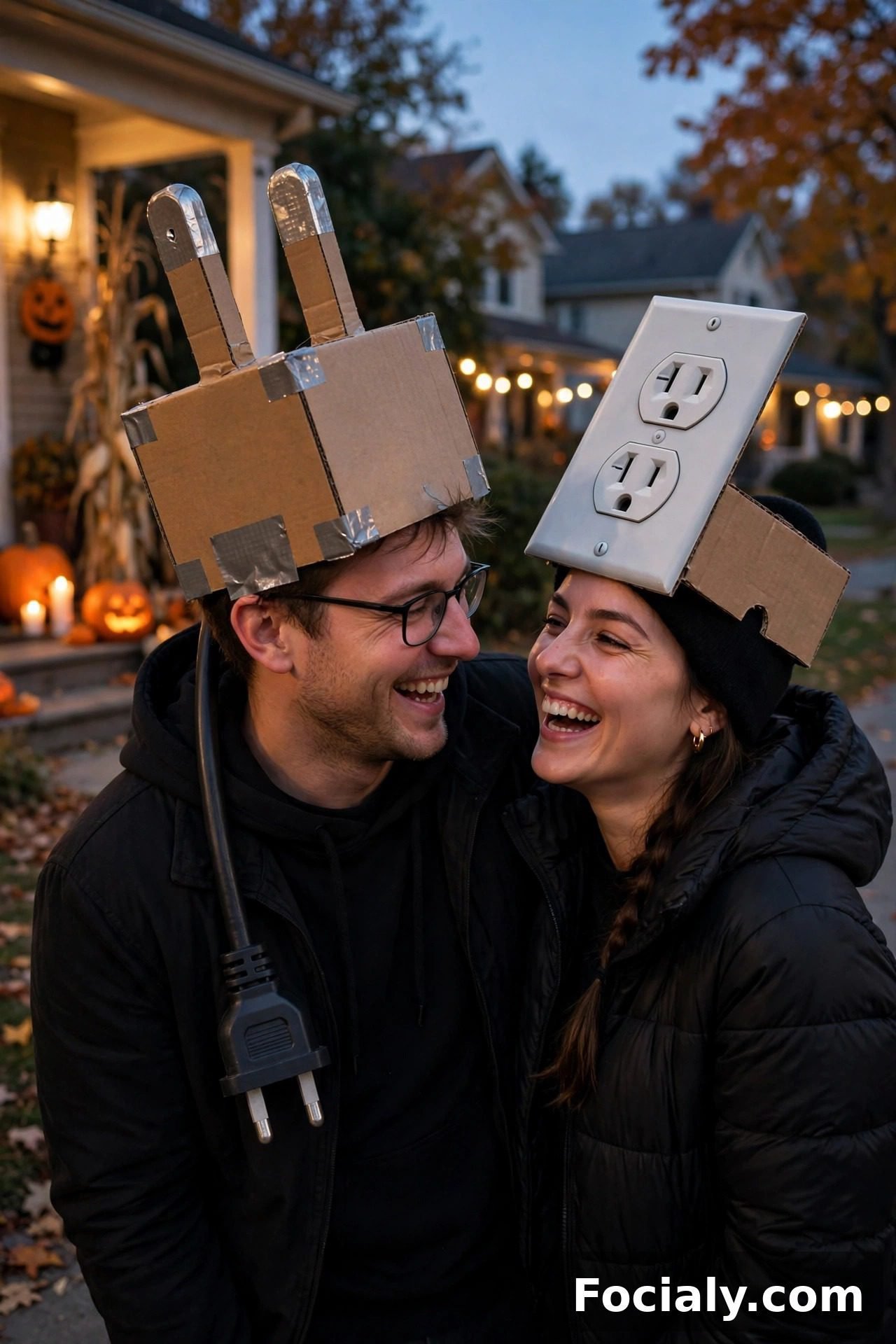 Couple dressed as an electric plug and socket Halloween costumes