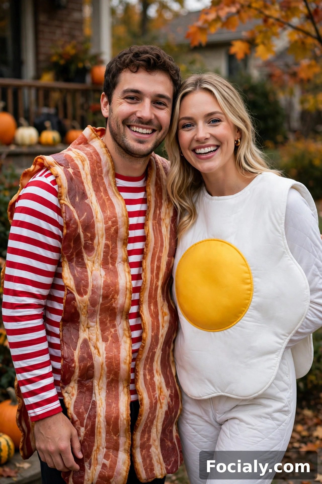 Couple dressed as bacon and eggs Halloween costumes