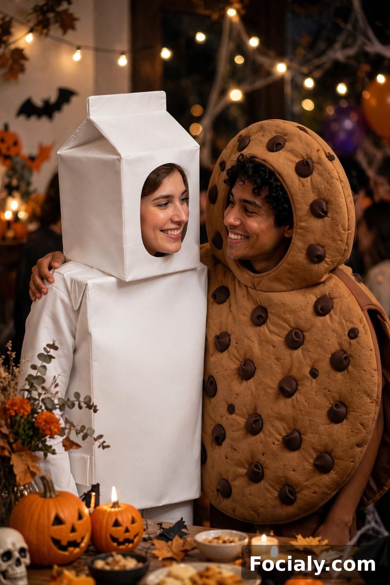 Couple dressed as milk and cookies Halloween costumes