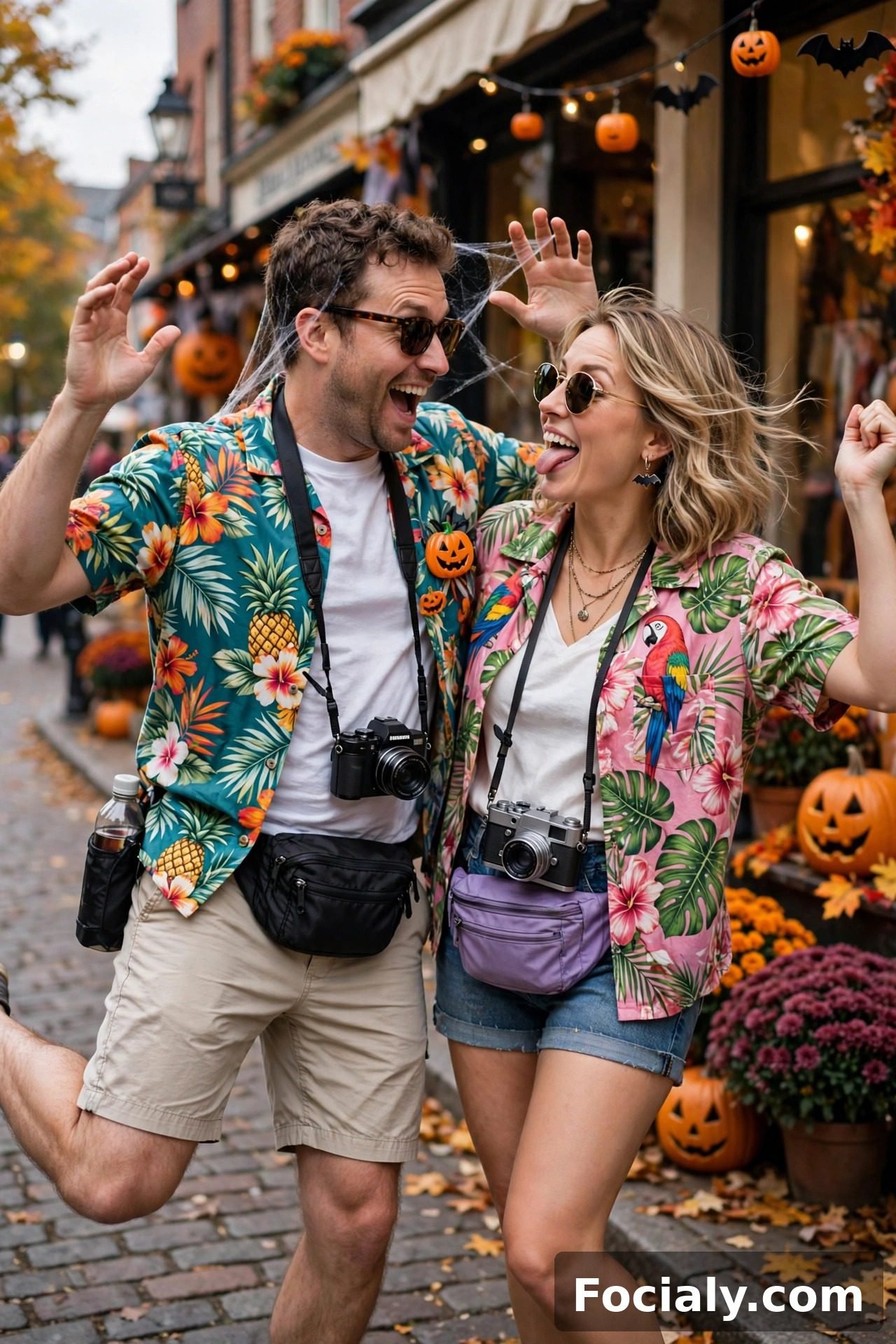 Couple dressed as tourists with Hawaiian shirts and cameras Halloween costumes