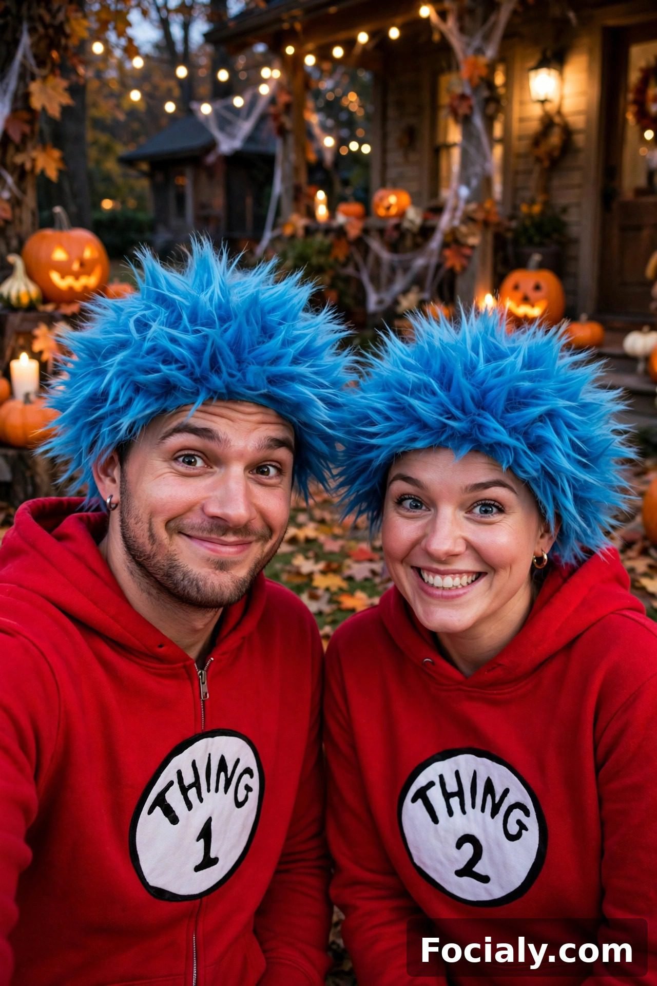 Couple dressed as Thing 1 and Thing 2 Halloween costumes