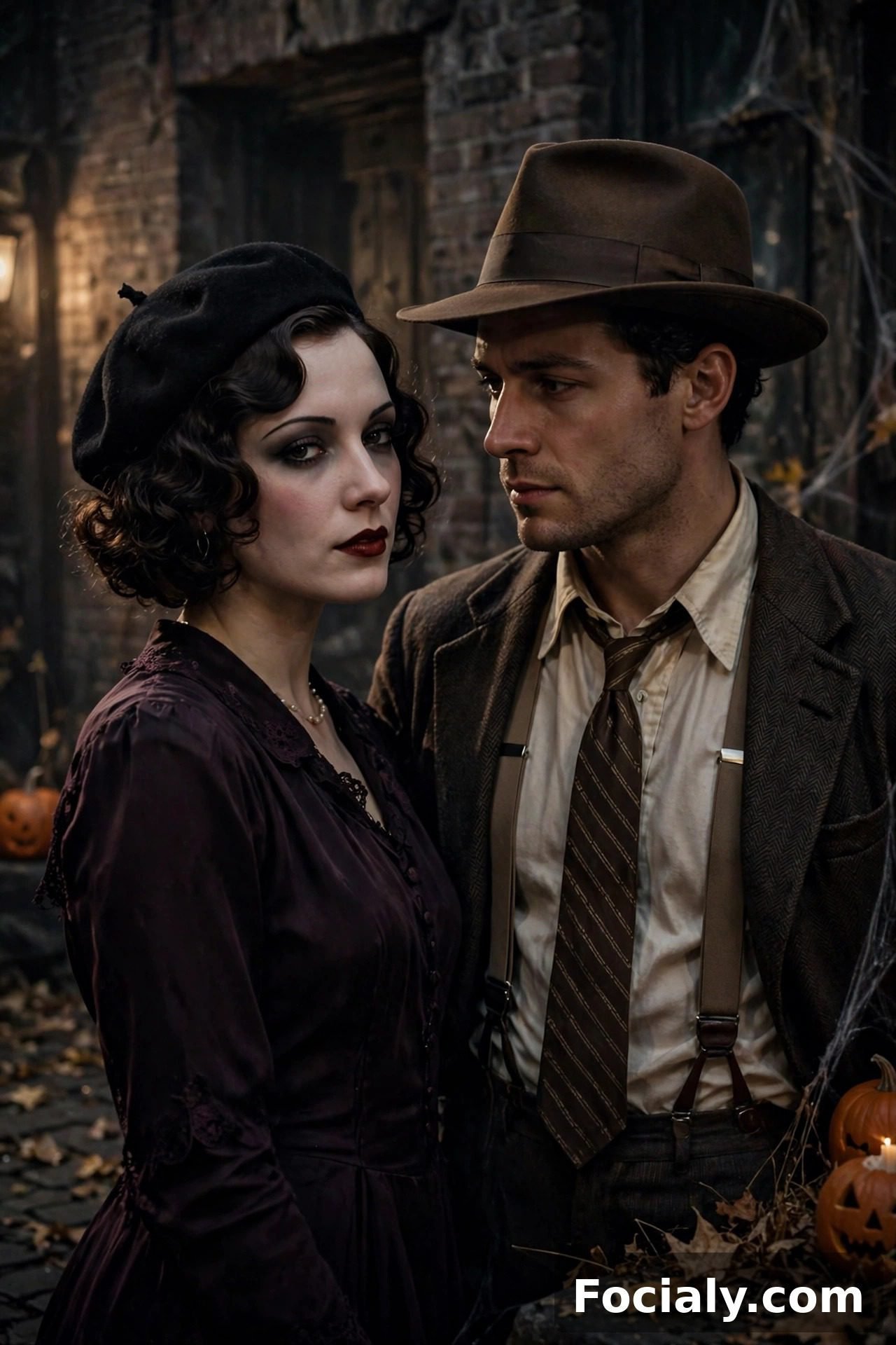 Couple dressed as Bonnie and Clyde 1930s gangsters Halloween costumes