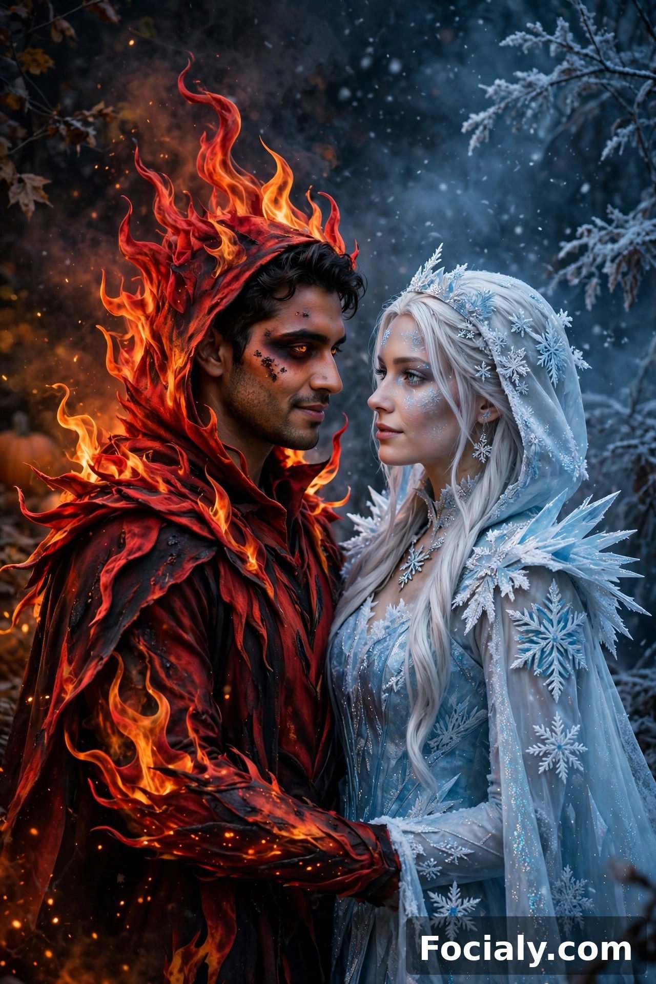 Couple dressed as fire and ice Halloween costumes