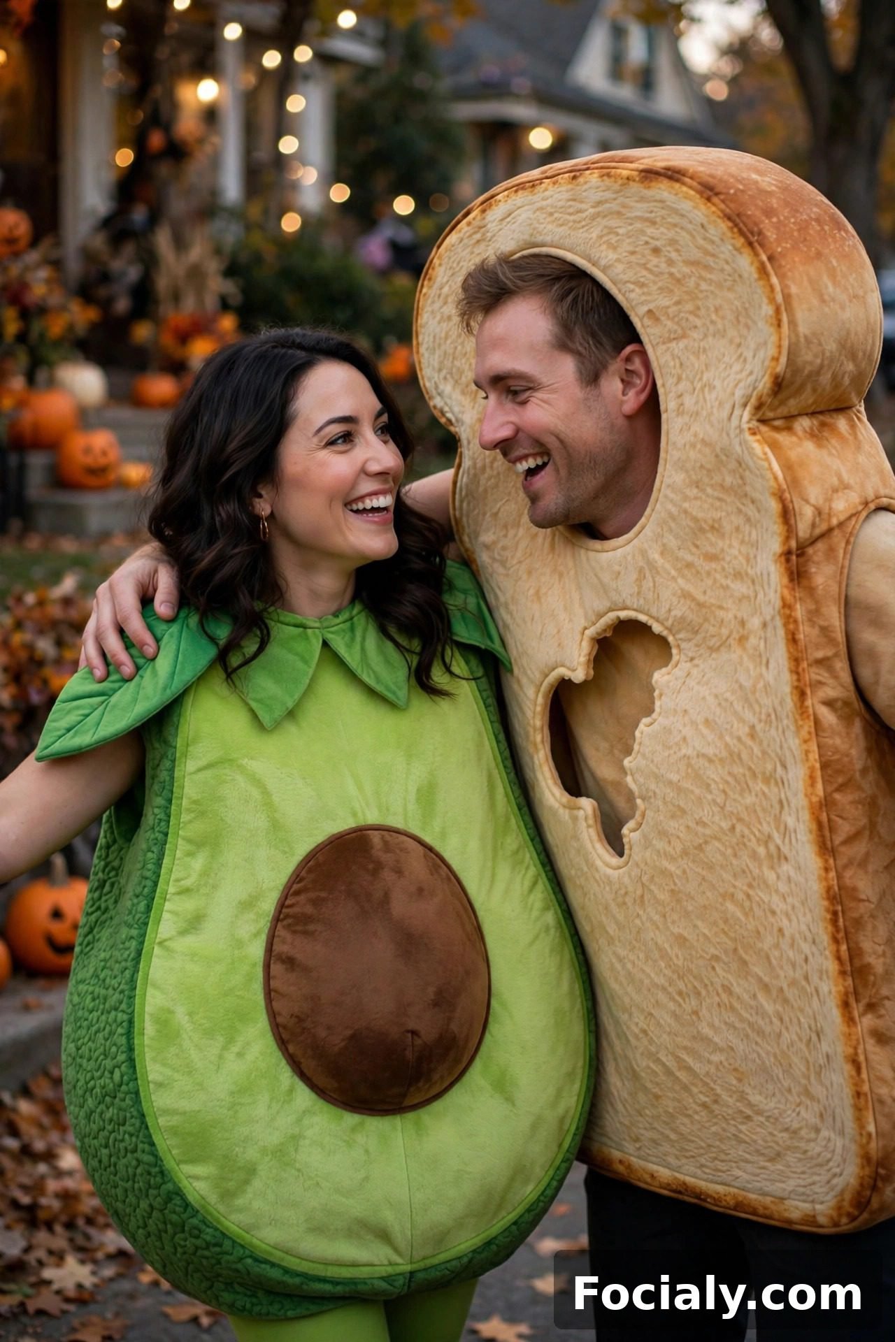 Couple dressed as avocado and toast Halloween costumes
