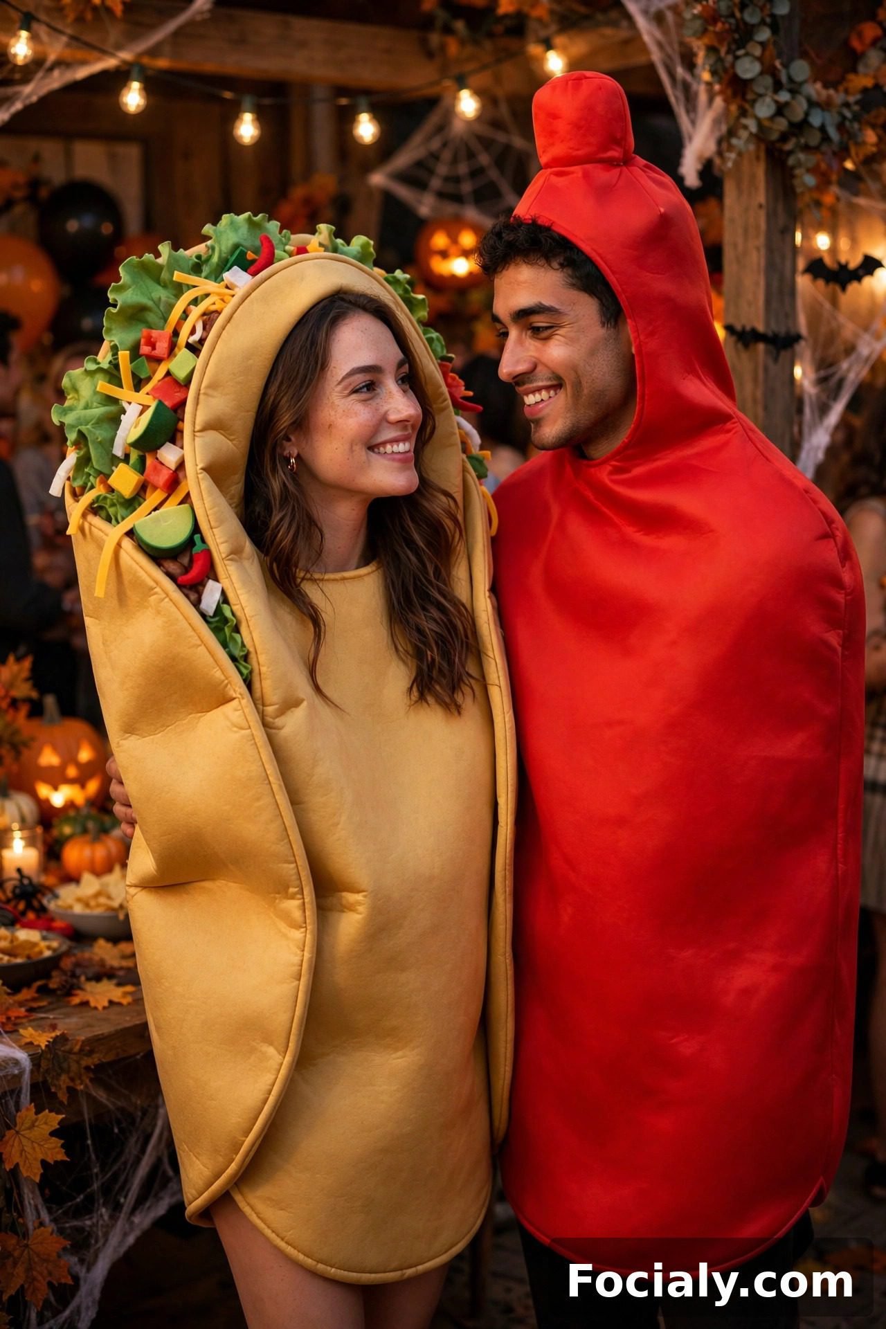 Couple dressed as a taco and hot sauce bottle Halloween costumes