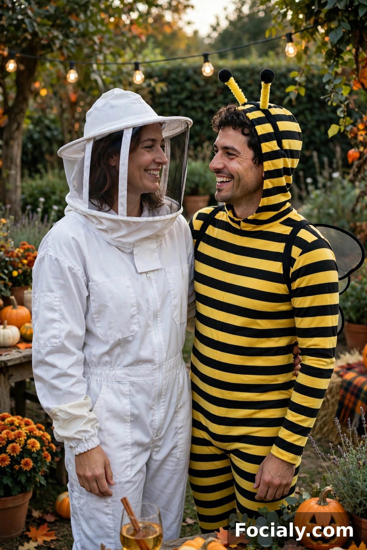 Couple dressed as a beekeeper and a bee Halloween costumes