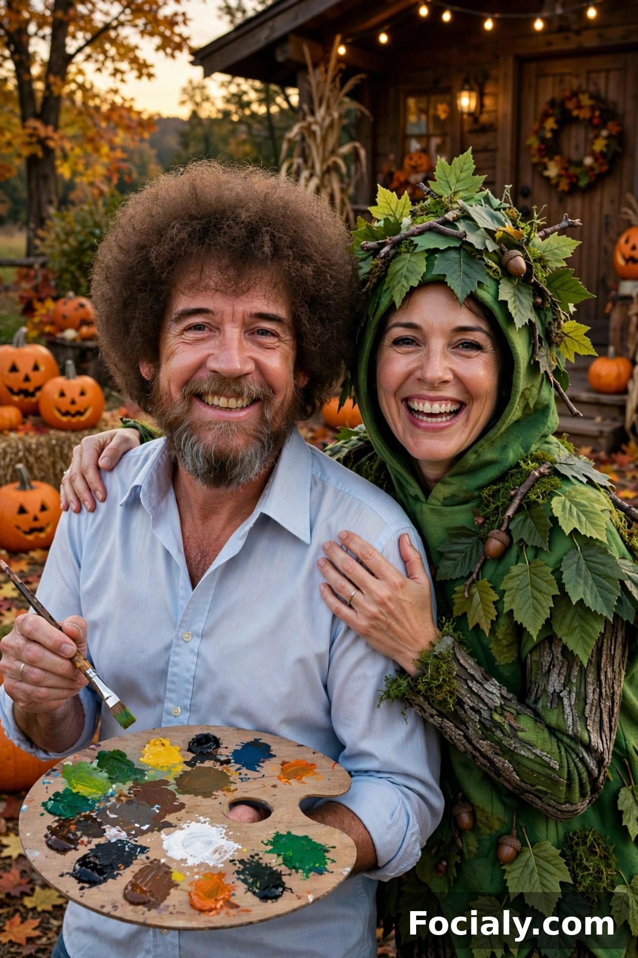 Couple dressed as Bob Ross and a happy little tree Halloween costumes