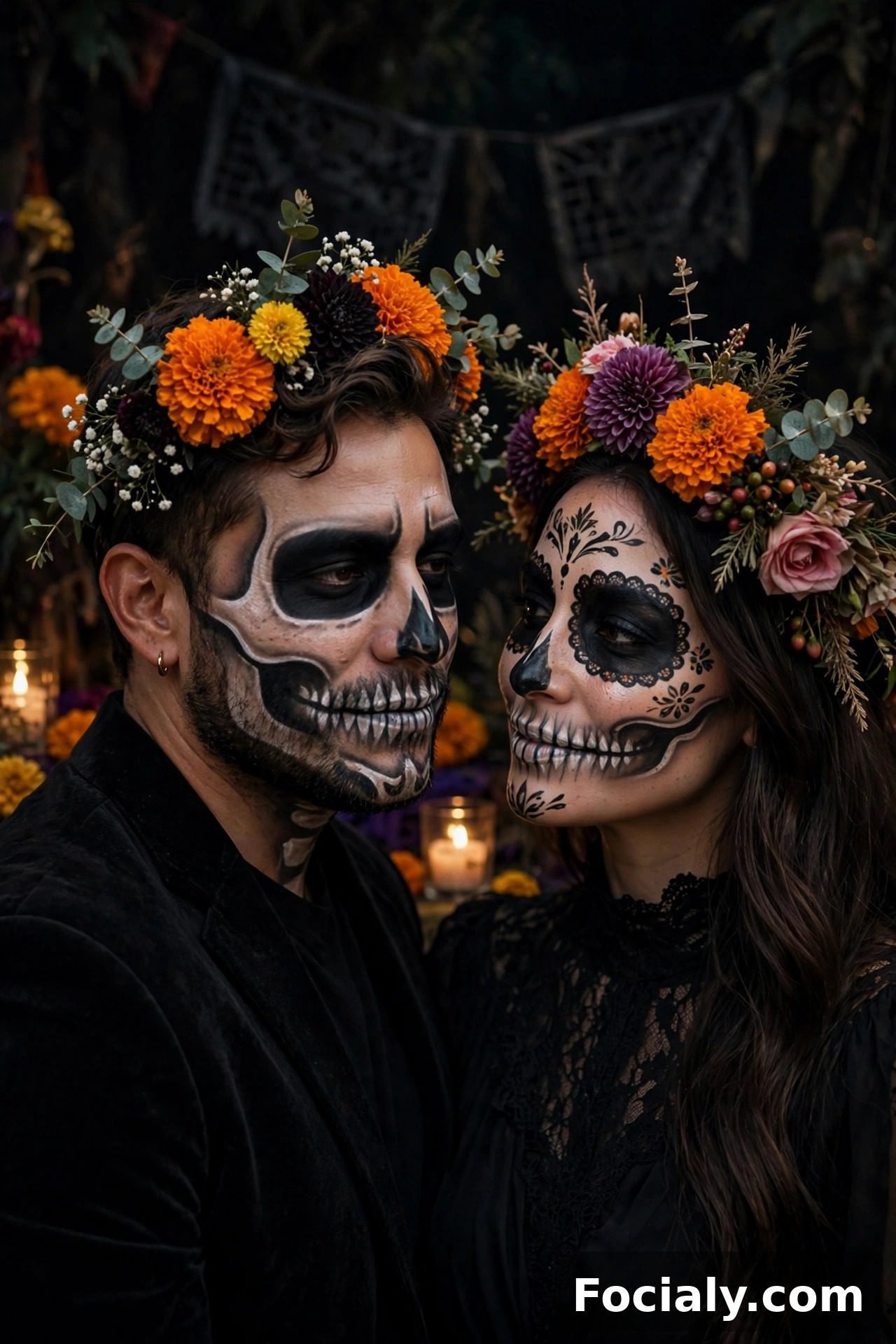 Couple with skeleton face paint and flower crowns Halloween costumes