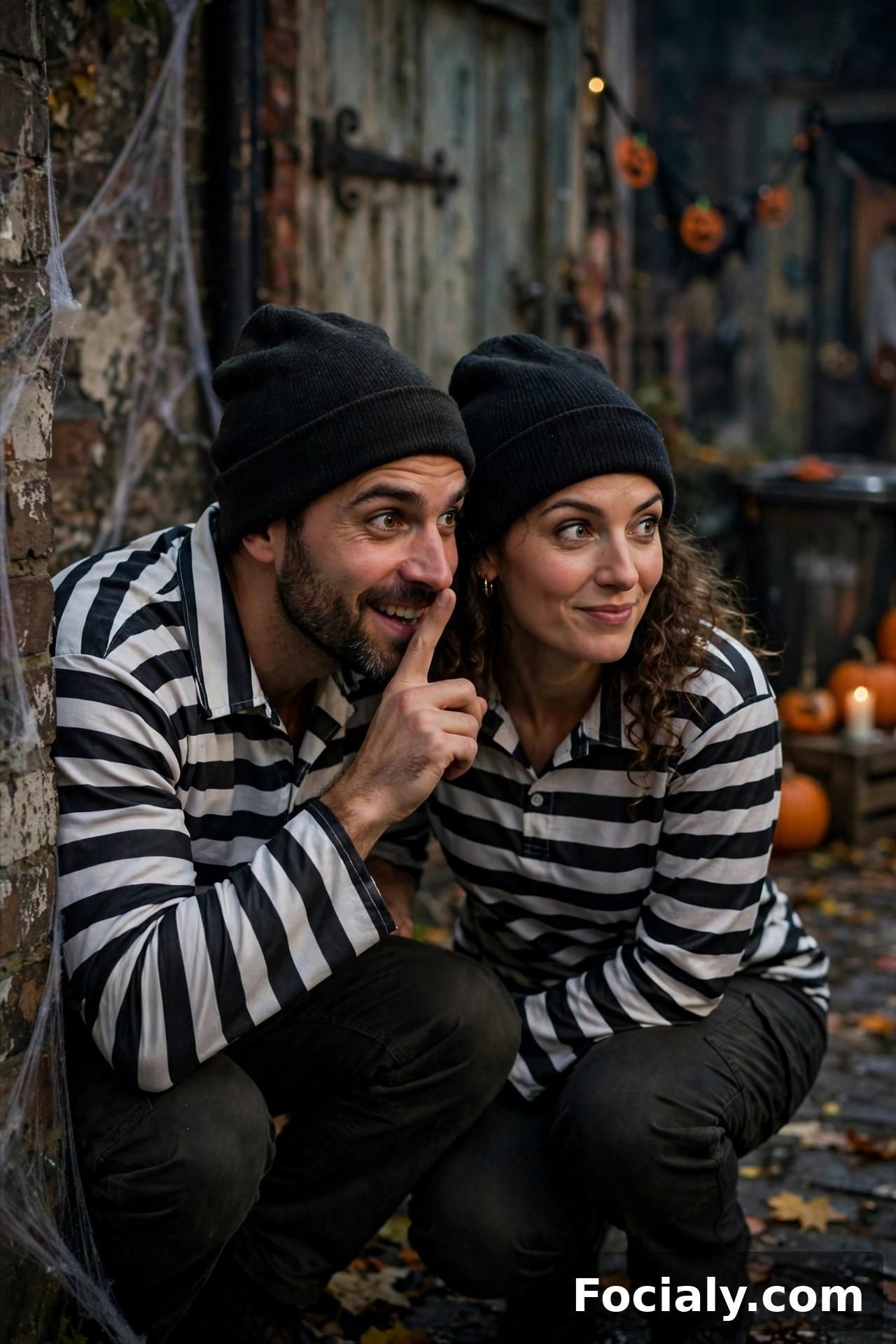 Couple dressed as escaped convicts in striped outfits Halloween costumes