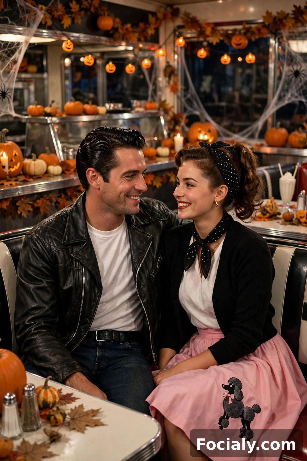Couple dressed as 1950s greaser and poodle skirt Halloween costumes