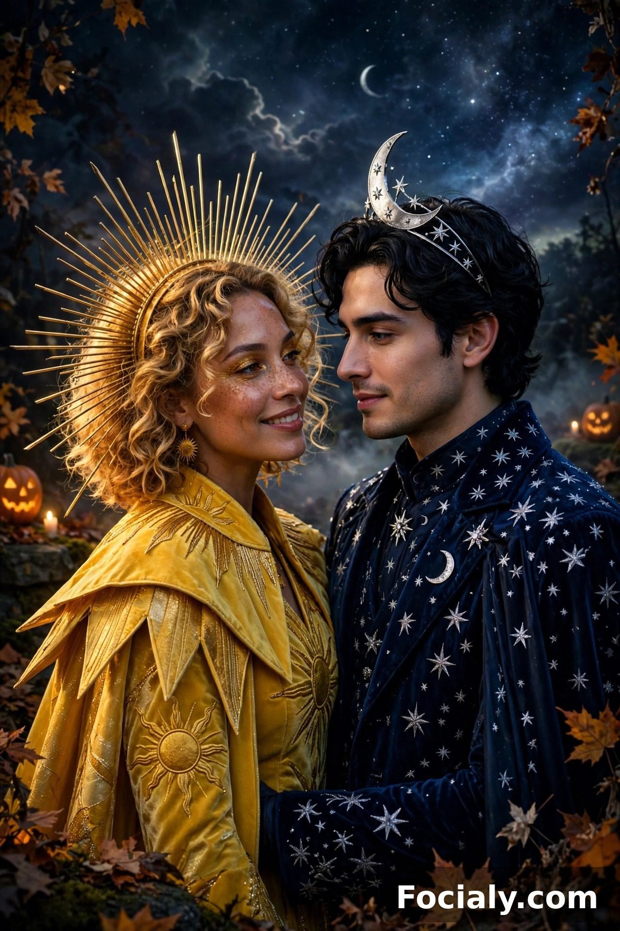 Couple dressed as the sun and moon Halloween costumes