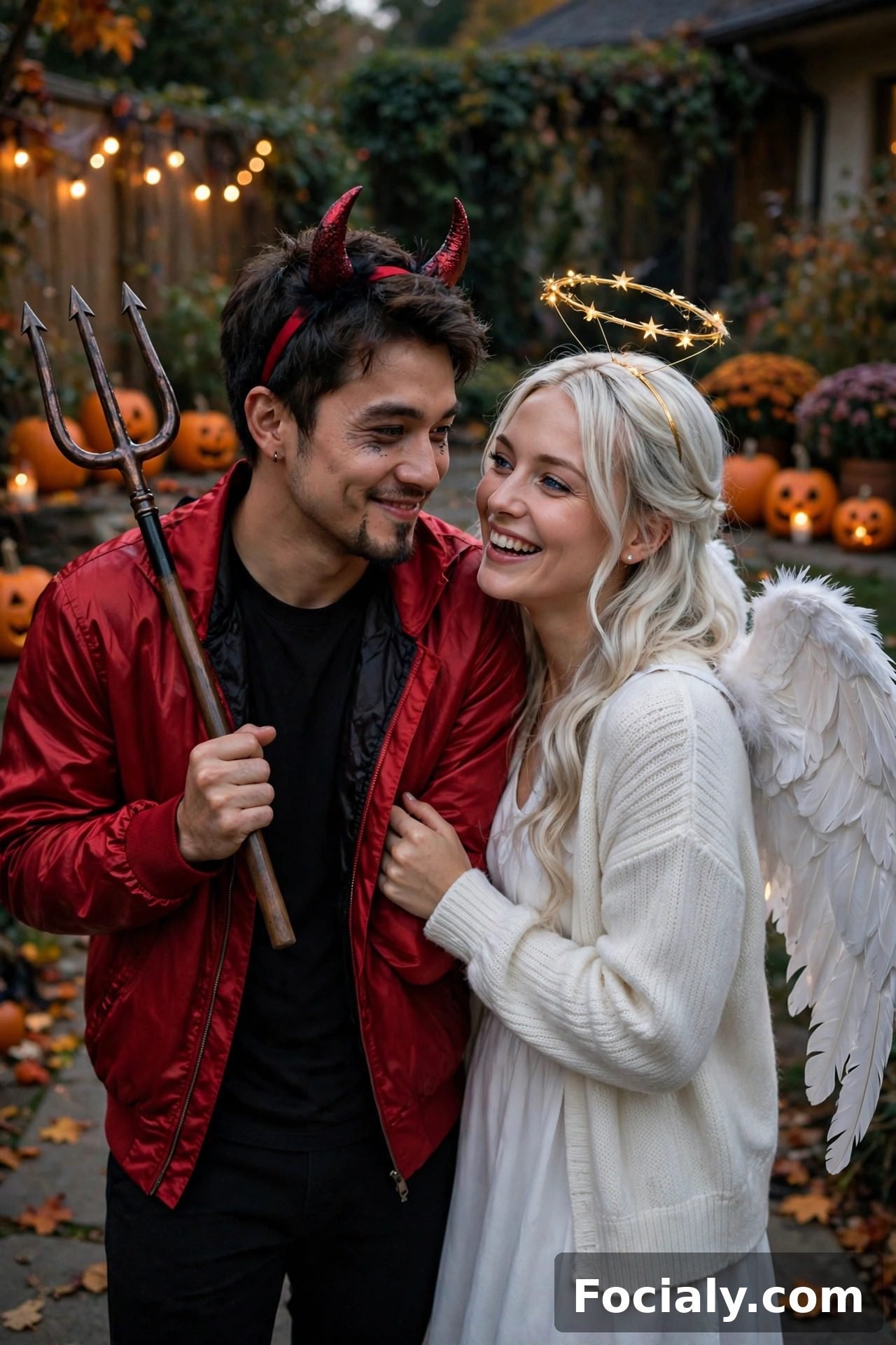 Couple dressed as devil and angel Halloween costumes