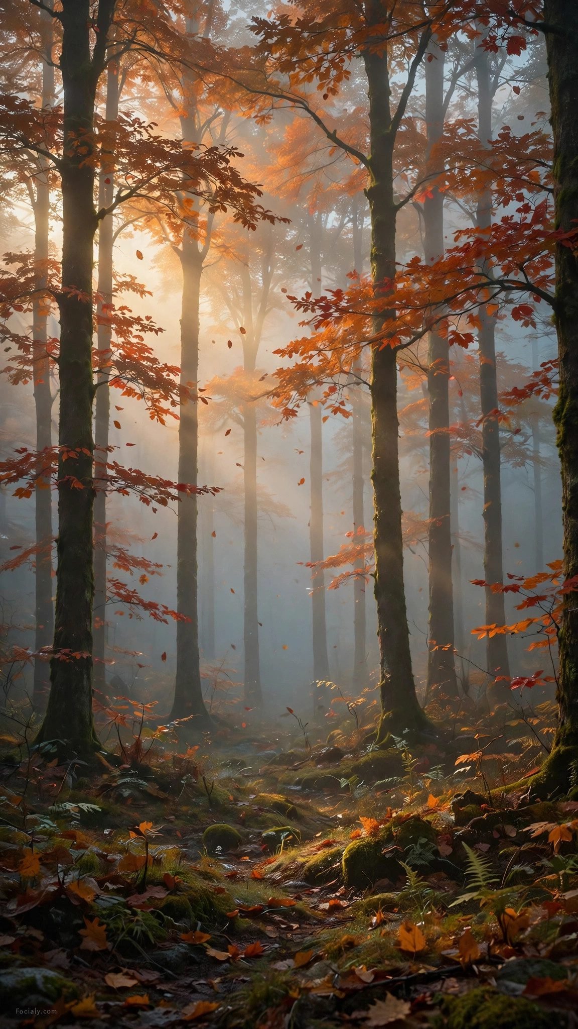 Misty autumn forest at dawn phone wallpaper