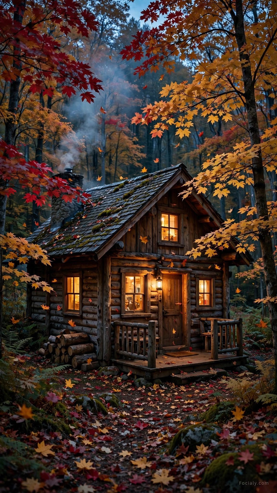 Cozy cabin in autumn woods phone wallpaper