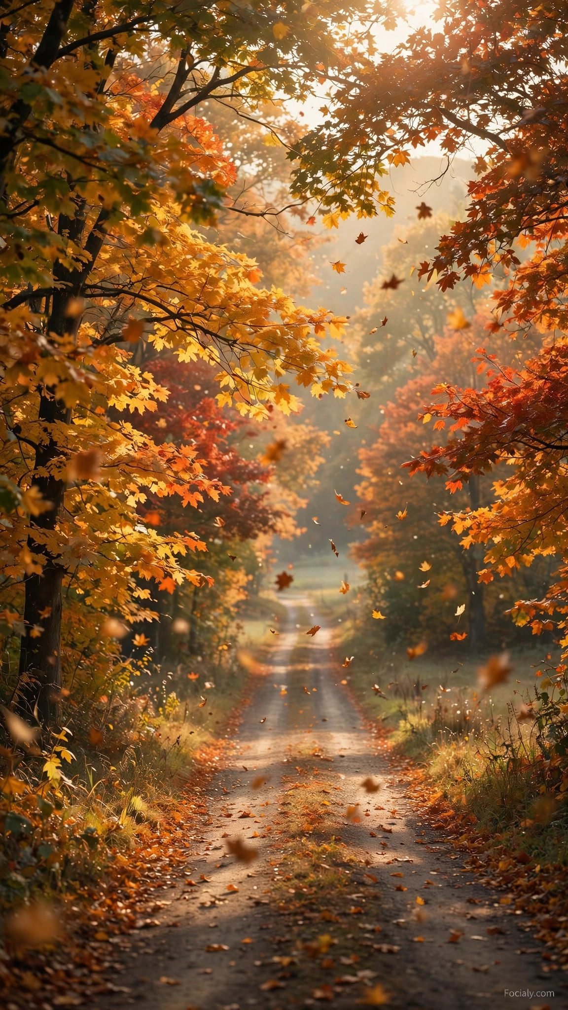Falling autumn leaves over country road phone wallpaper