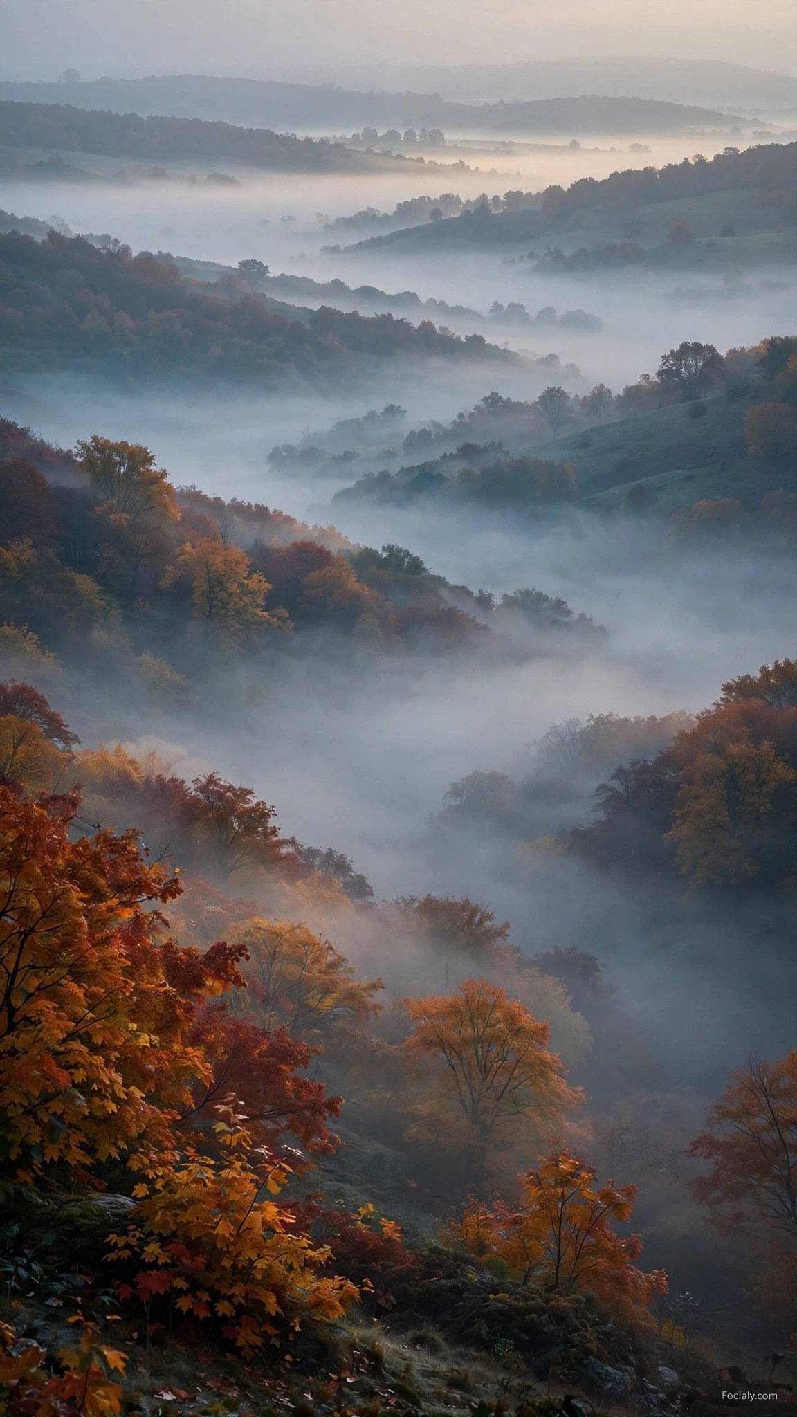 Foggy mountain valley in fall colors phone wallpaper