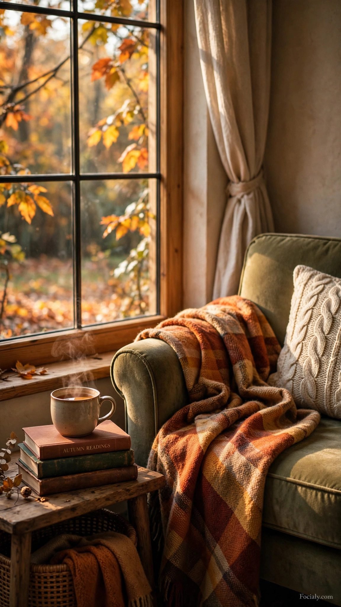 Candlelit cozy reading nook phone wallpaper