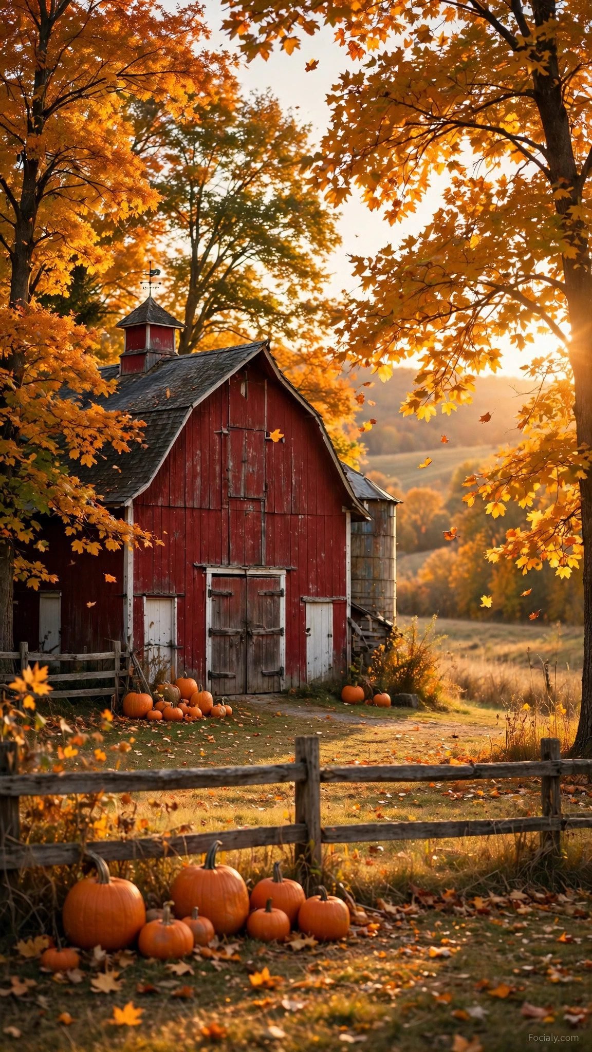 Red barn surrounded by fall foliage phone wallpaper