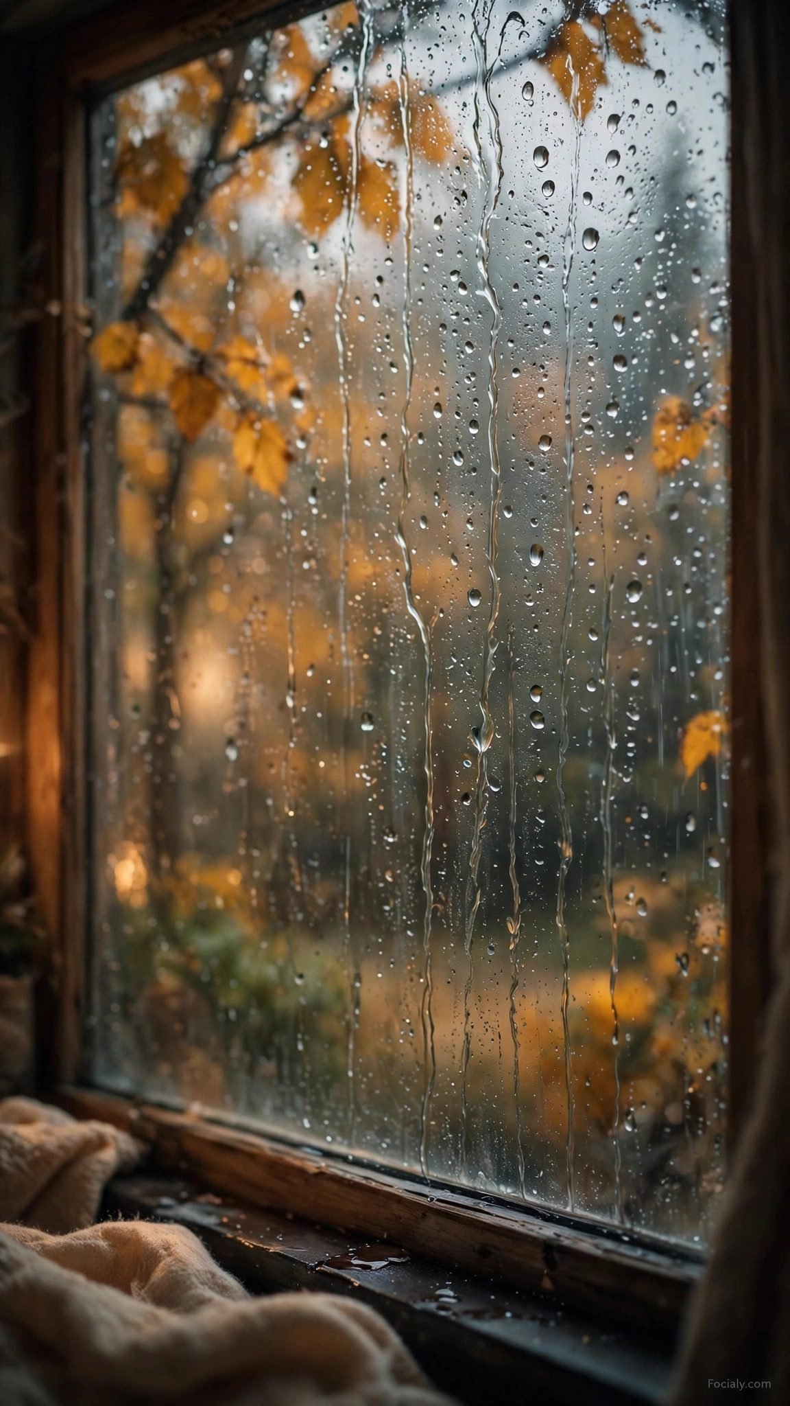 Rainy window with autumn leaves outside phone wallpaper