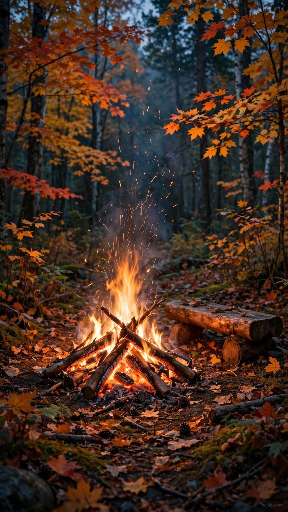 Campfire under starry autumn sky phone wallpaper