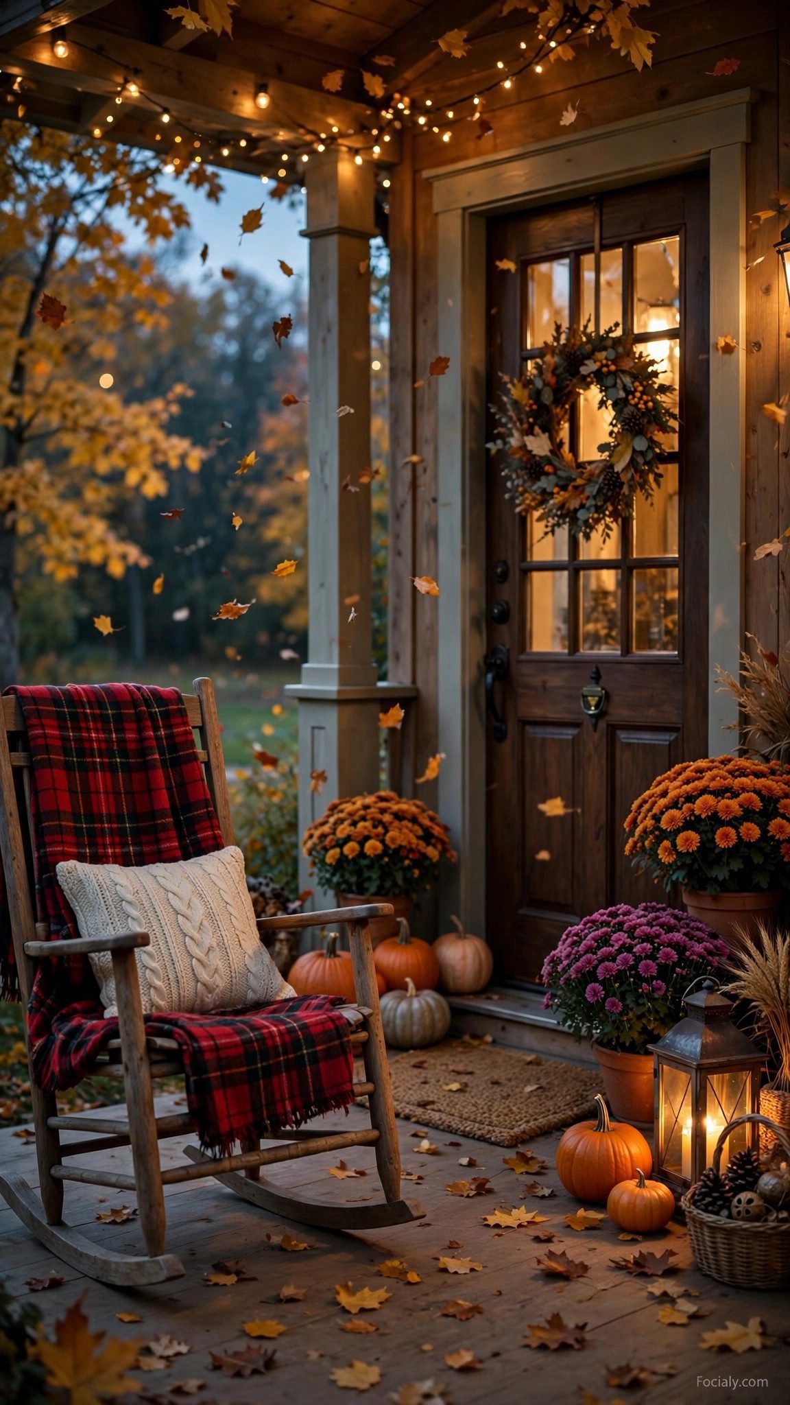 Rustic fall porch with pumpkins and mums phone wallpaper