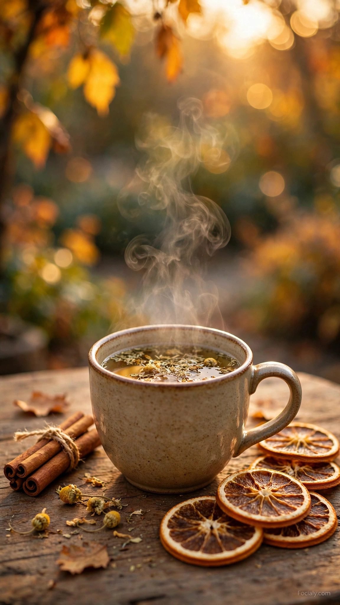 Steaming cup of tea with autumn leaves phone wallpaper