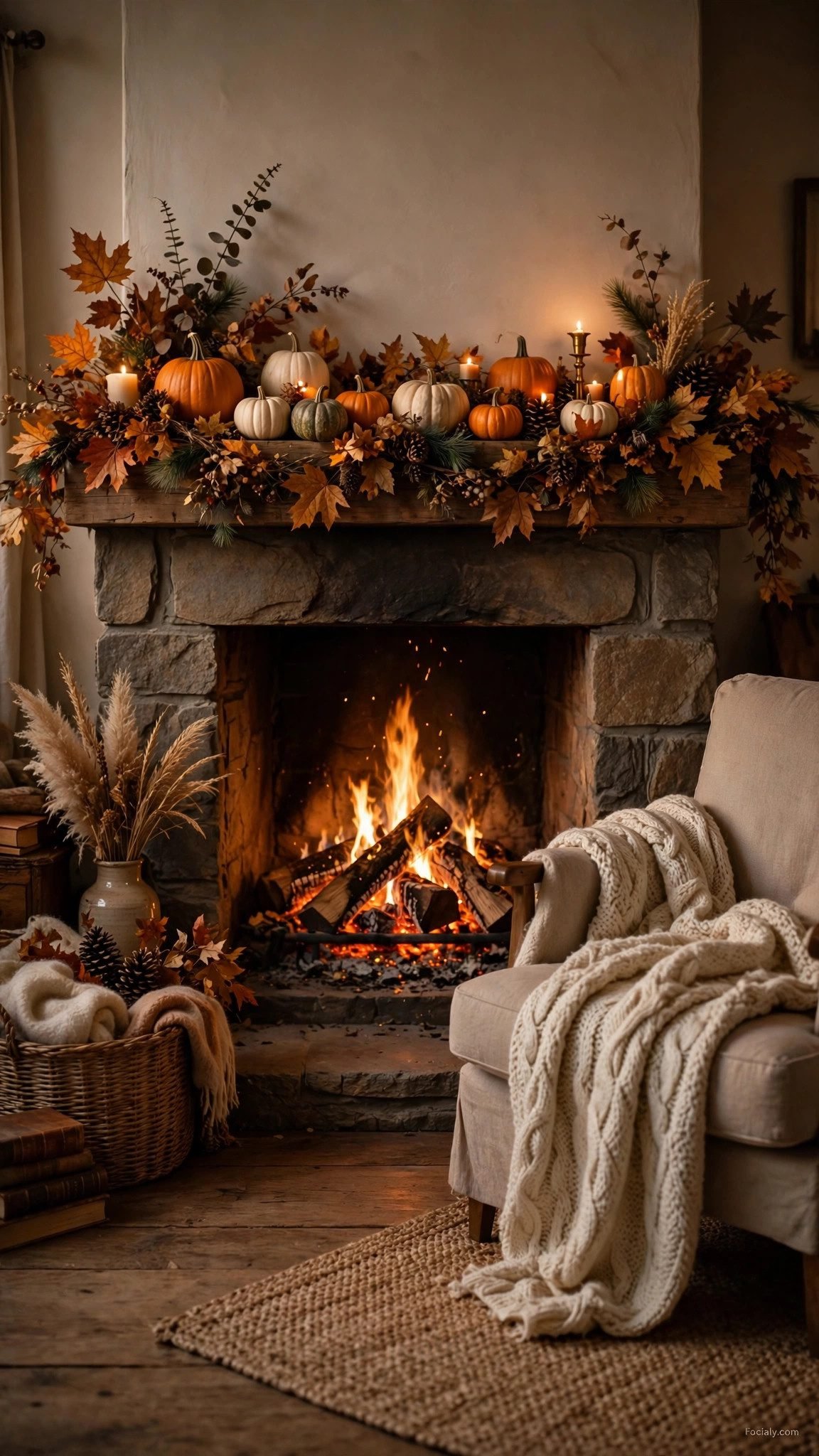 Cozy fireplace decorated with fall garland phone wallpaper