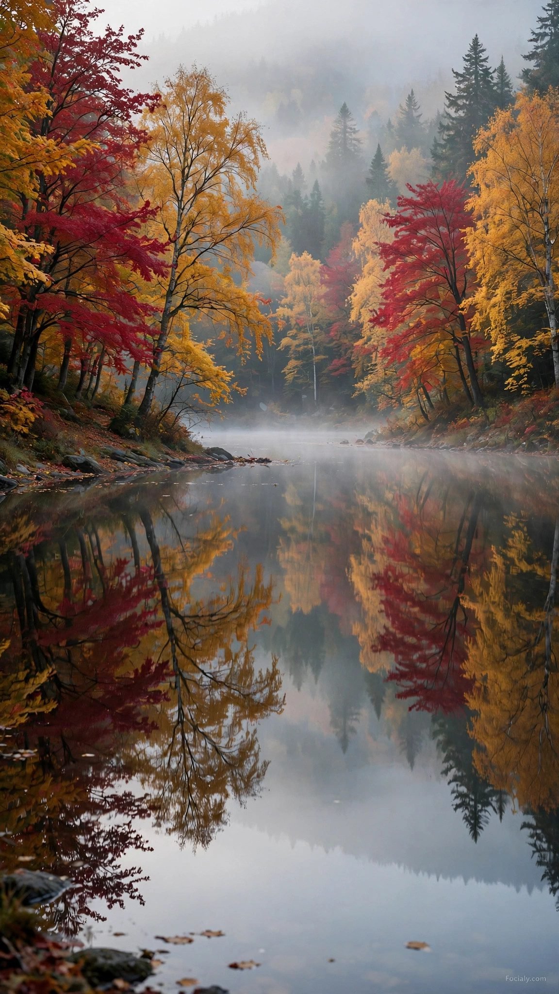 Autumn lake with colorful tree reflections phone wallpaper