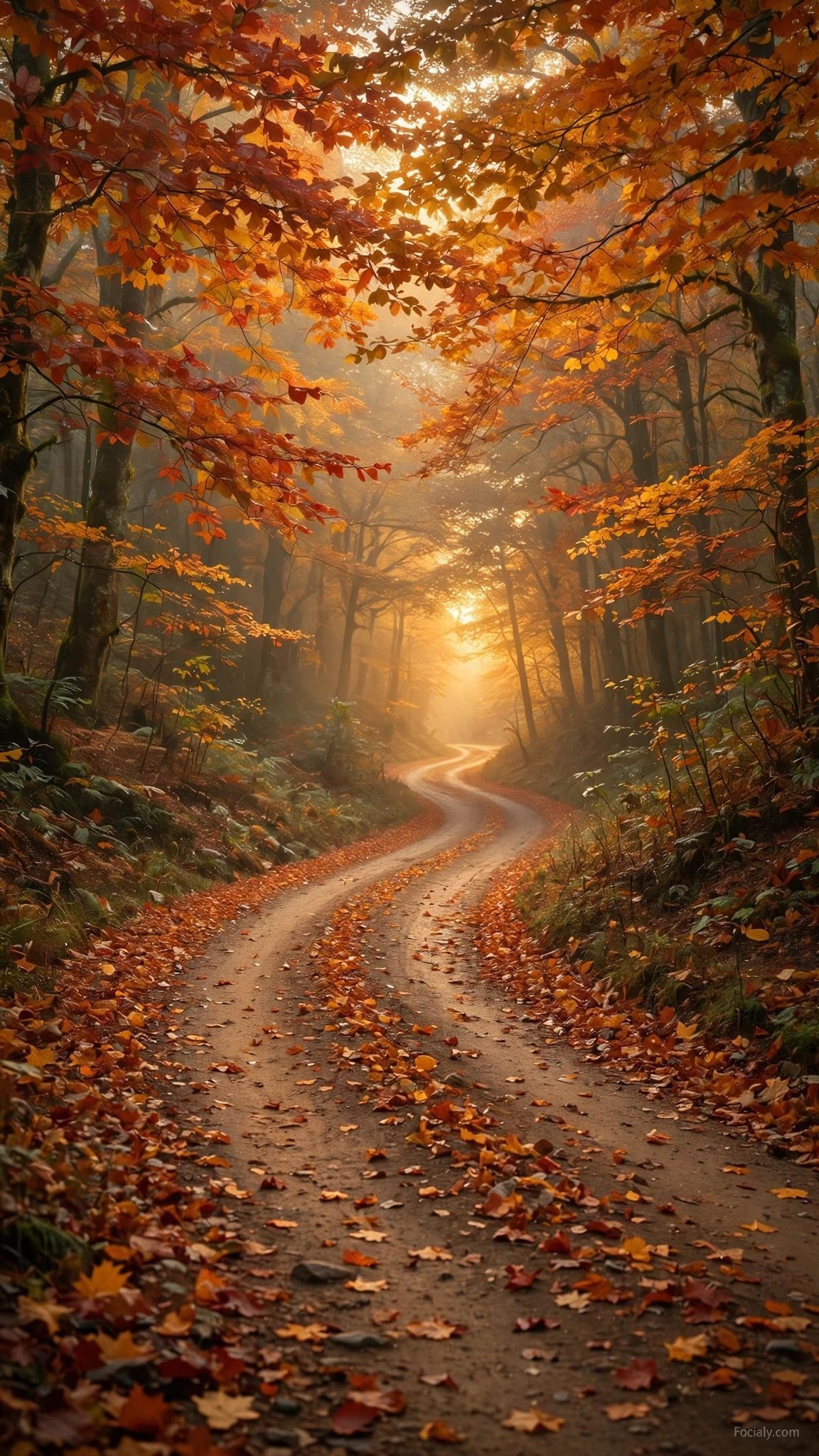 Winding road through fall forest phone wallpaper