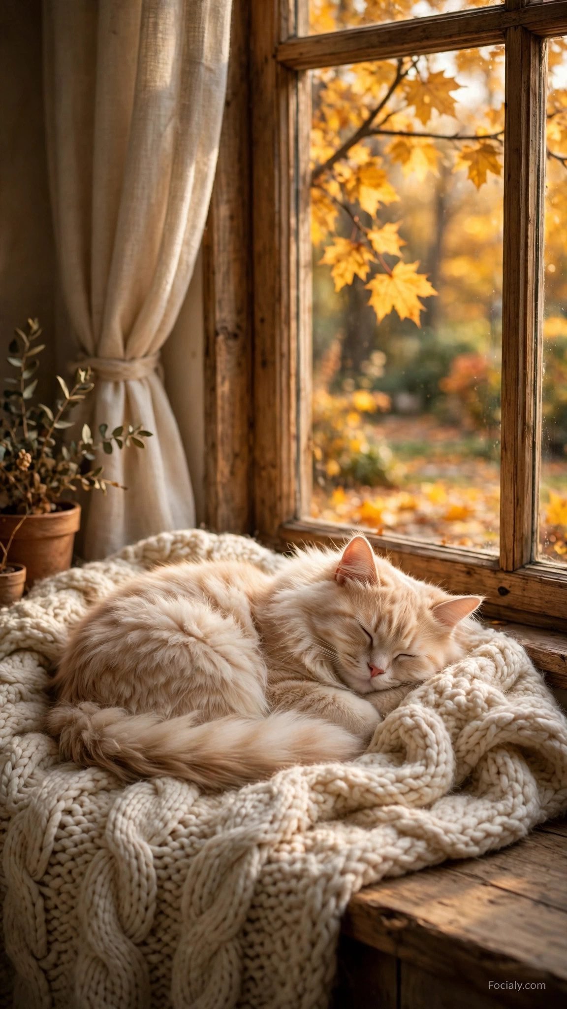 Sleeping cat on plaid blanket by window phone wallpaper