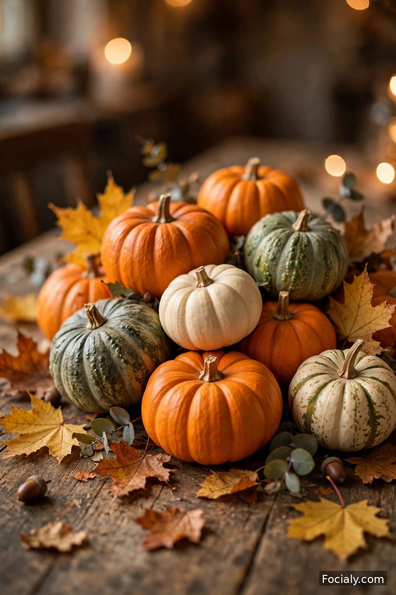 Cluster of mini pumpkins and gourds as a fall table centerpiece