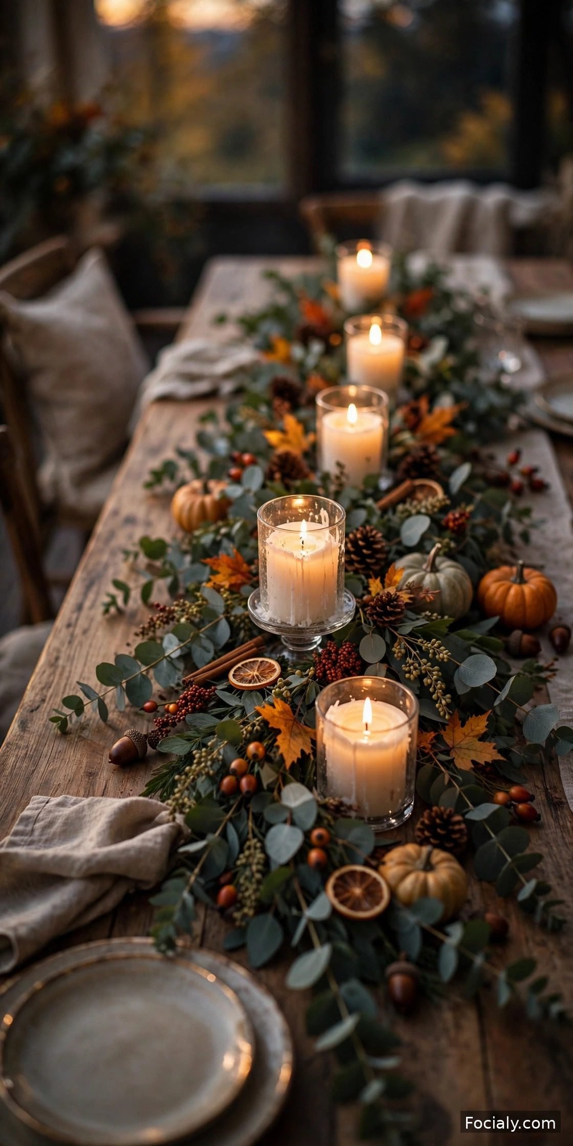 Eucalyptus garland table runner with glowing pillar candles