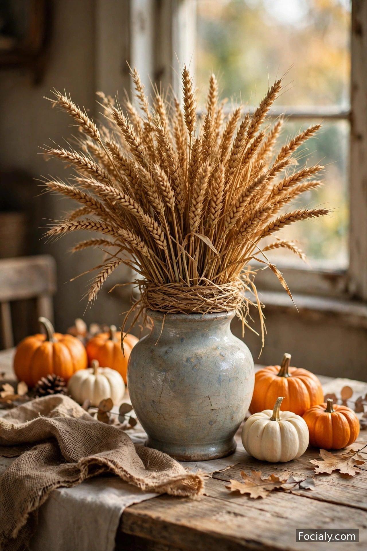 Dried wheat stalks in a vintage vase fall centerpiece