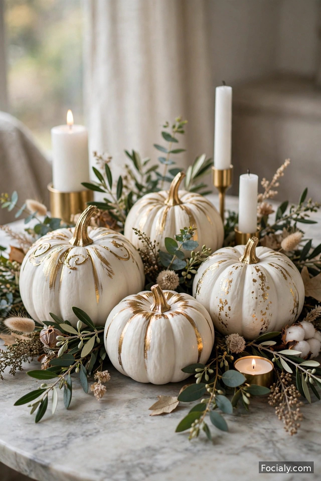 White pumpkins with gold accents elegant fall centerpiece