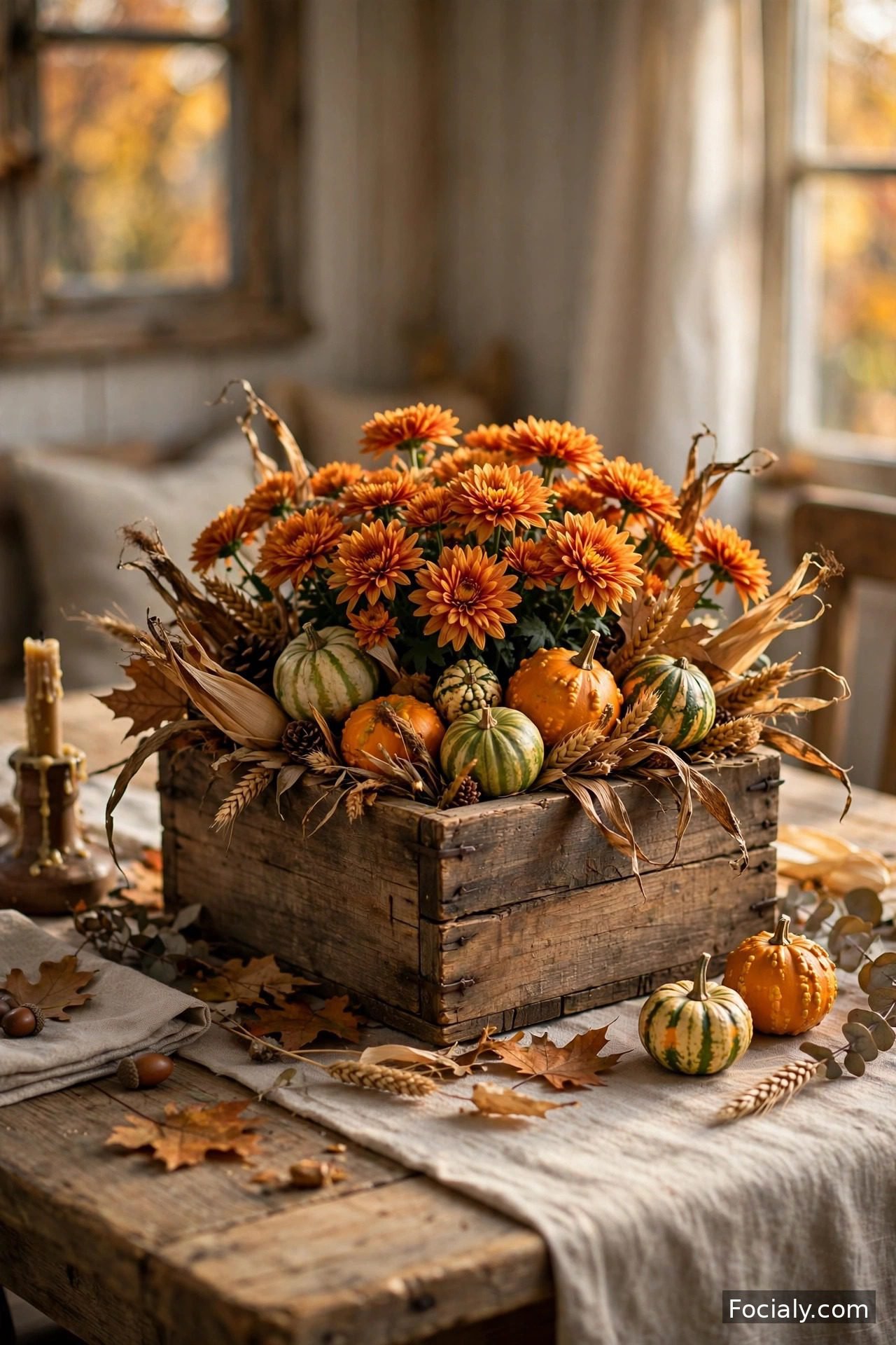 Rustic wooden box with mums and gourds fall centerpiece