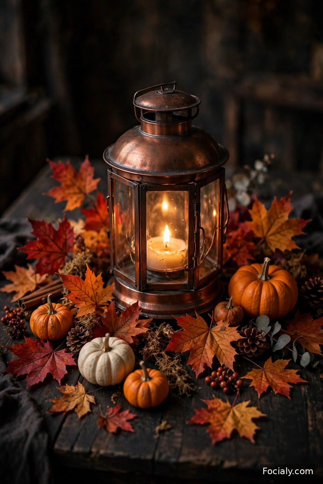 Copper lantern with candle surrounded by fall foliage