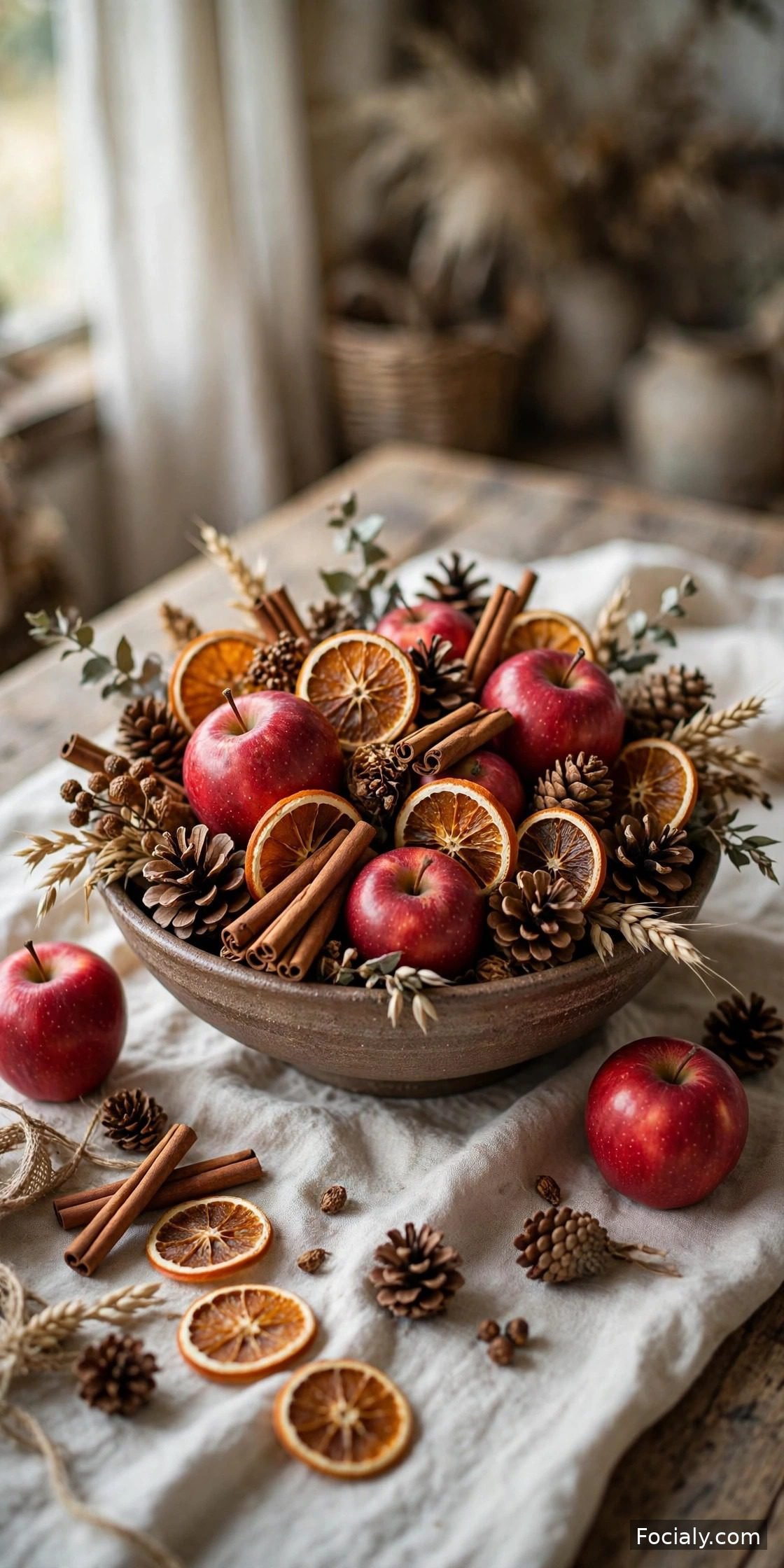 Bowl of apples cinnamon sticks and pinecones fall centerpiece