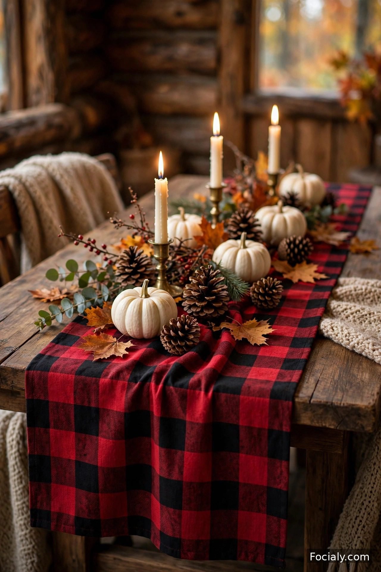 Buffalo plaid runner with pinecones pumpkins and taper candles