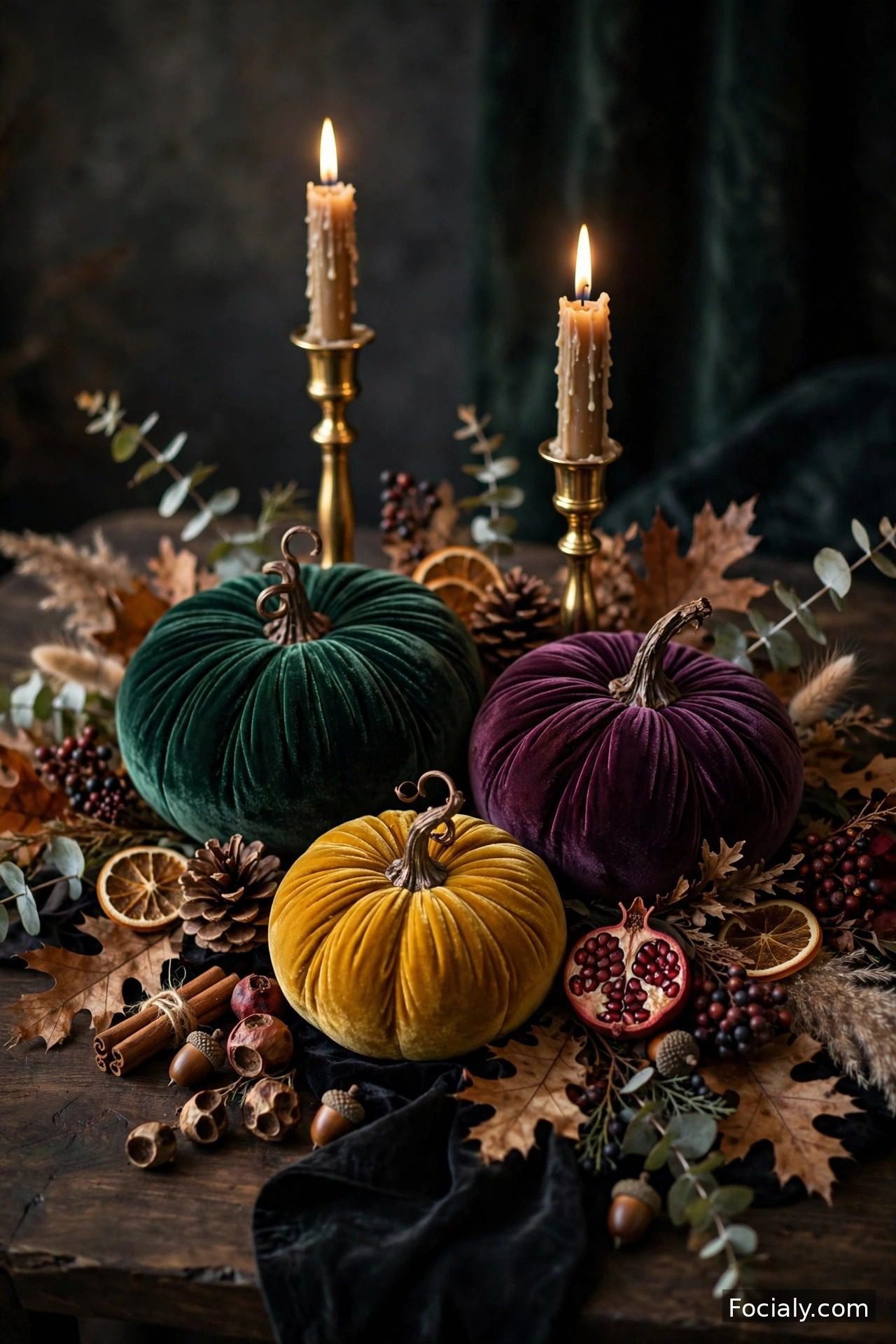 Velvet pumpkins in jewel tones with gold candlesticks