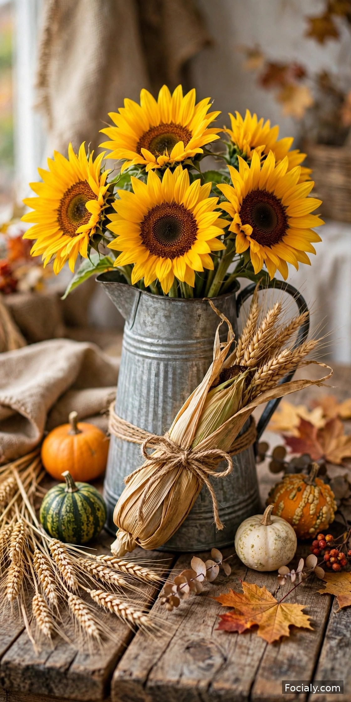 Sunflowers in a metal pitcher with corn husks fall centerpiece
