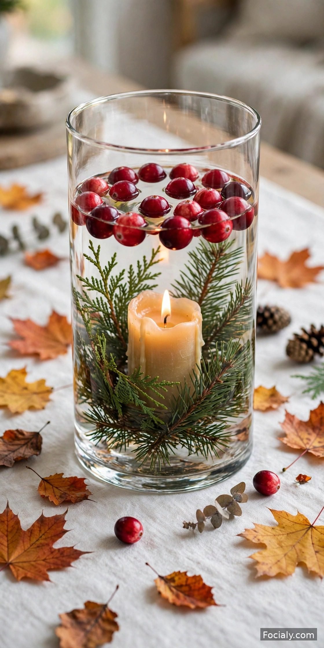 Glass hurricane with floating cranberries and candle