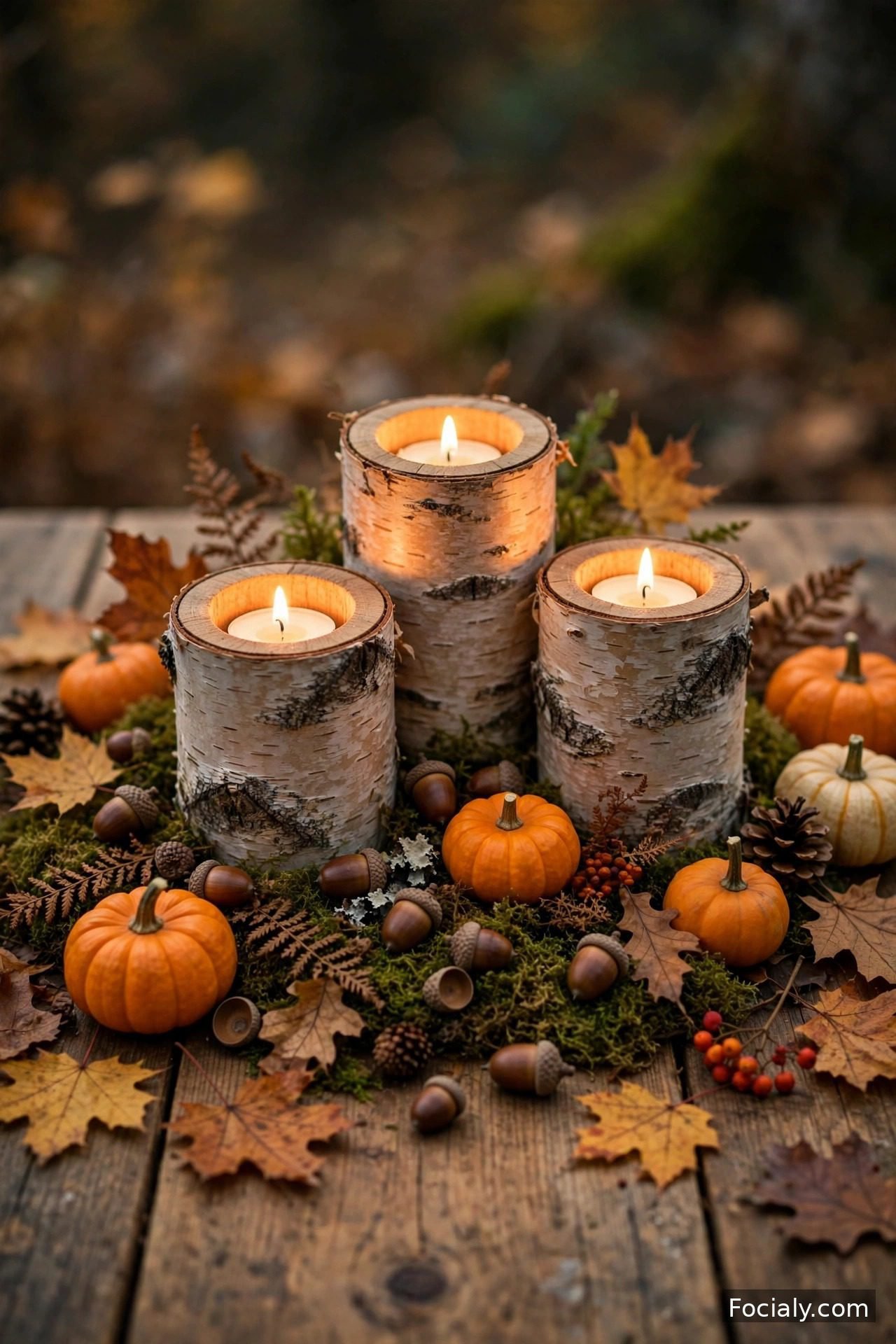 Birch log candle holders with moss and mini pumpkins