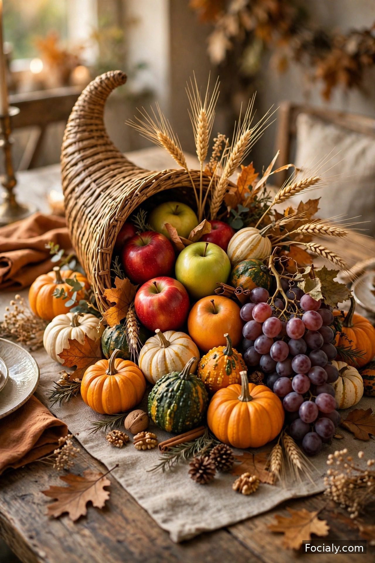Harvest cornucopia overflowing with fruit and gourds