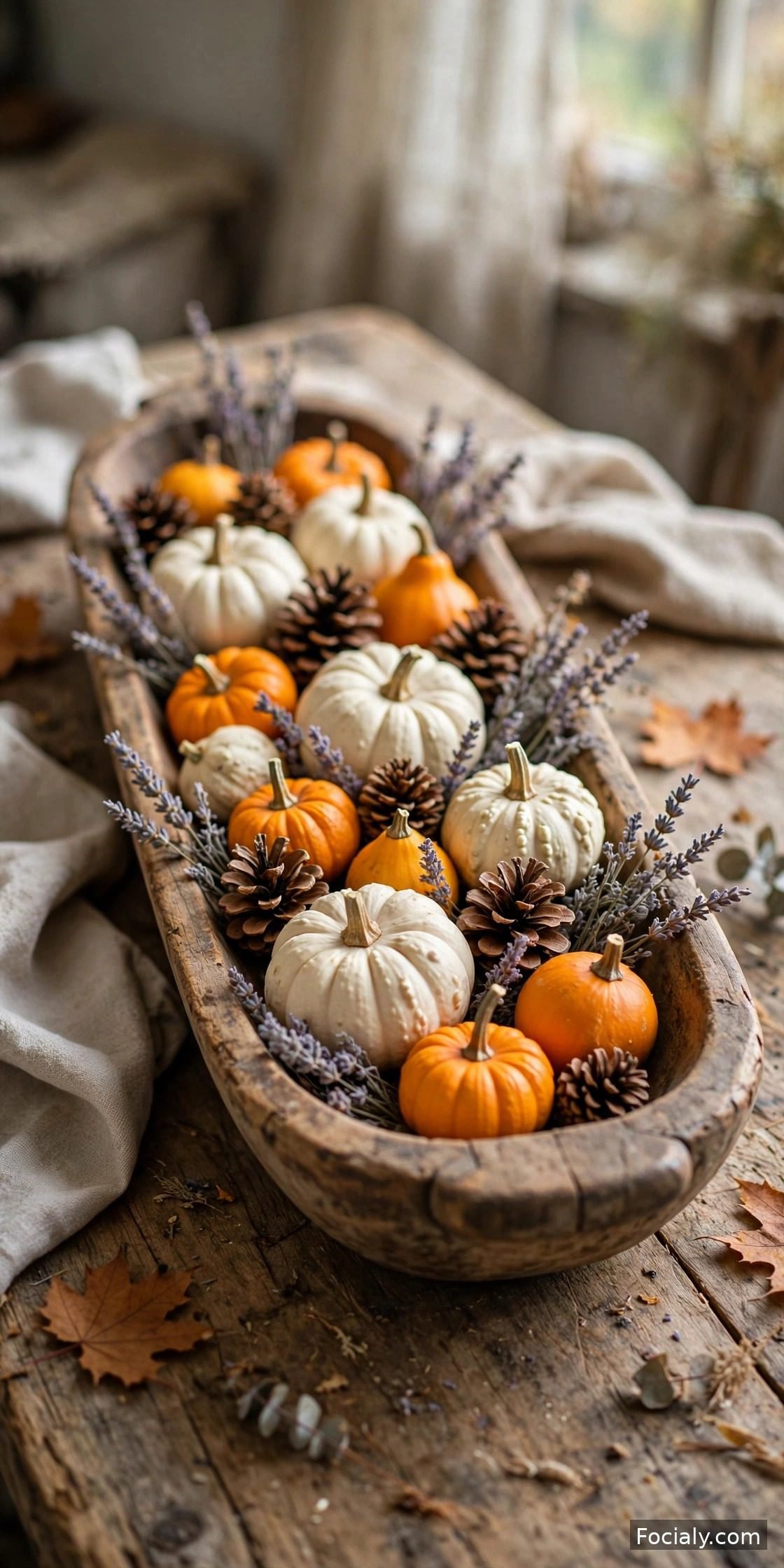 Farmhouse dough bowl filled with mini gourds and pinecones