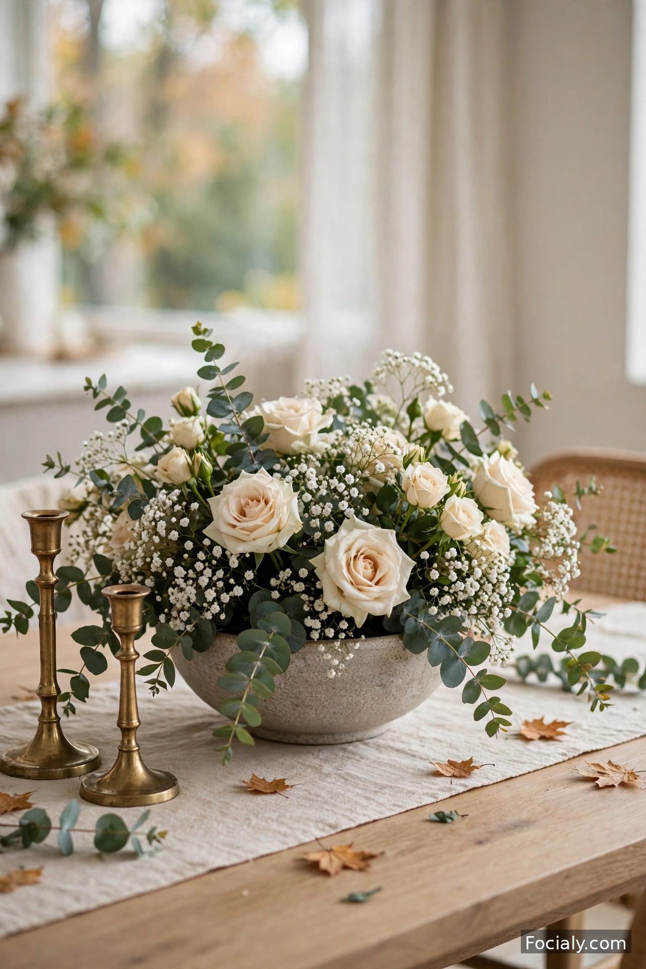 Low arrangement of eucalyptus babys breath and cream roses